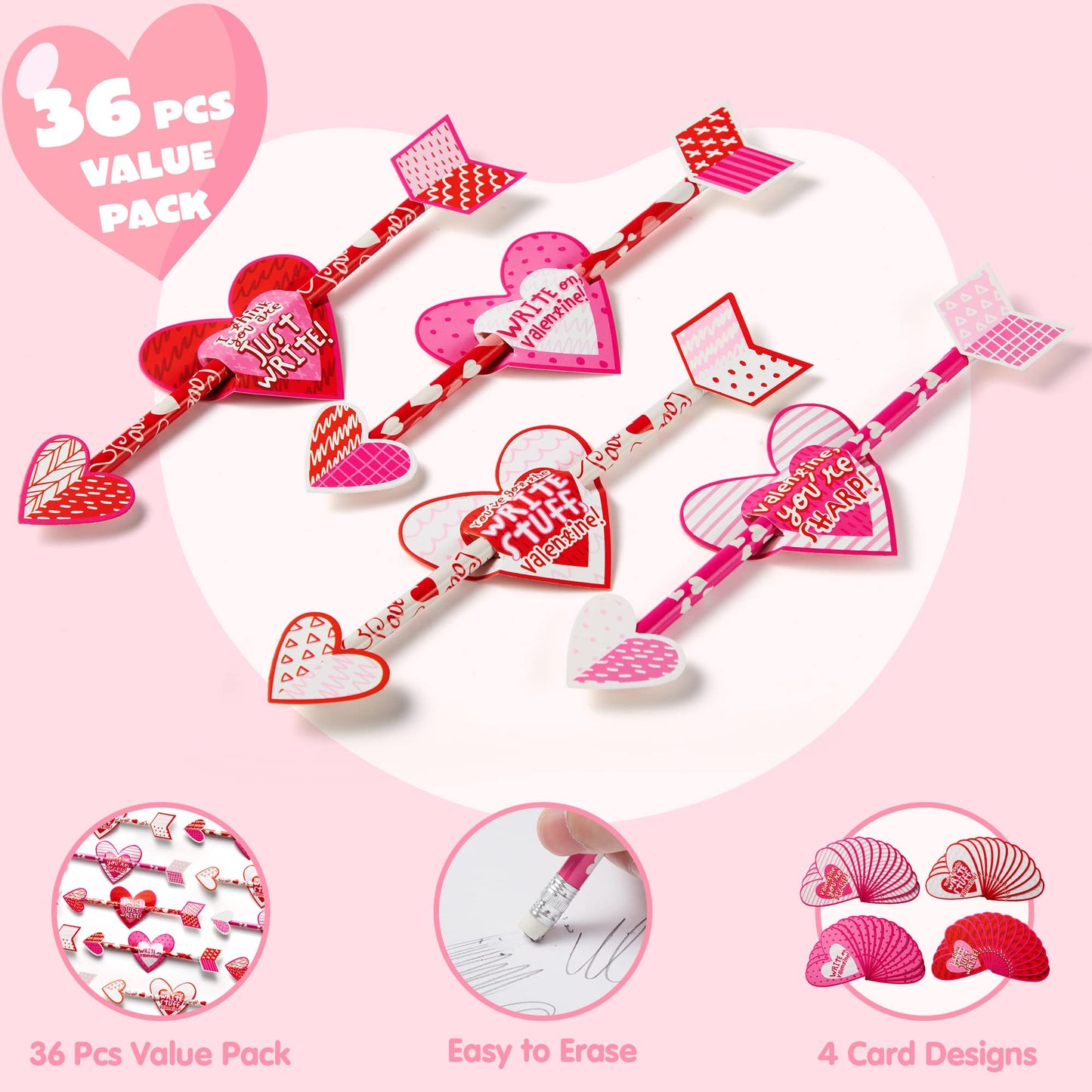 JOYIN 36 Pack Valentines Day Arrow Pencils with Card – Classroom Party Favors