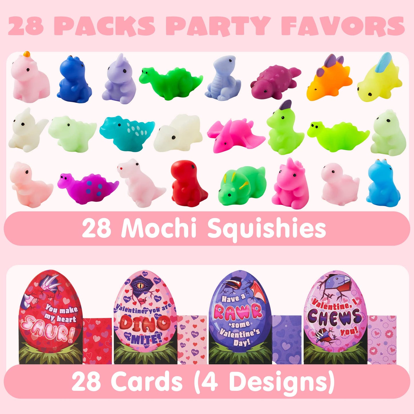 JOYIN 28-Pack Valentines Day Dinosaur Mochi Squishy Toys - Classroom Gifts & Party Favors