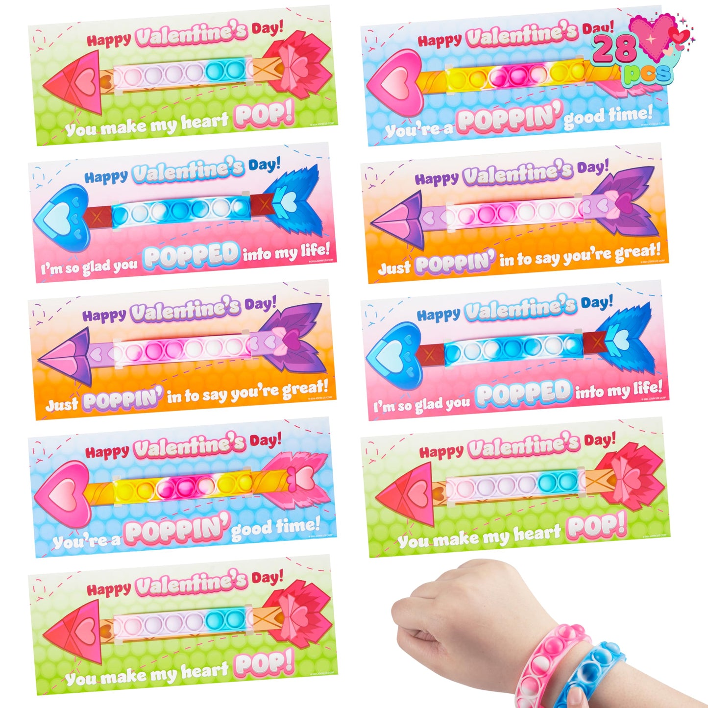 JOYIN 28-Pack Valentine's Gift Cards with Pop Bubble Bracelet – Fidget Wristbands for Kids, Class Prizes