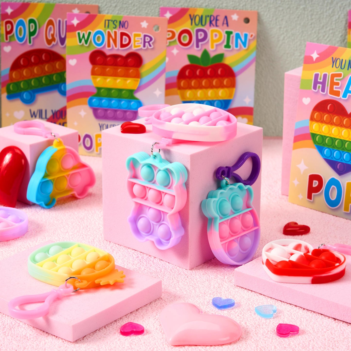 JOYIN 30 Packs Valentine’s Day Gift Cards with Pop Bubble Keychains – 6 Designs Fidget Toys for Kids