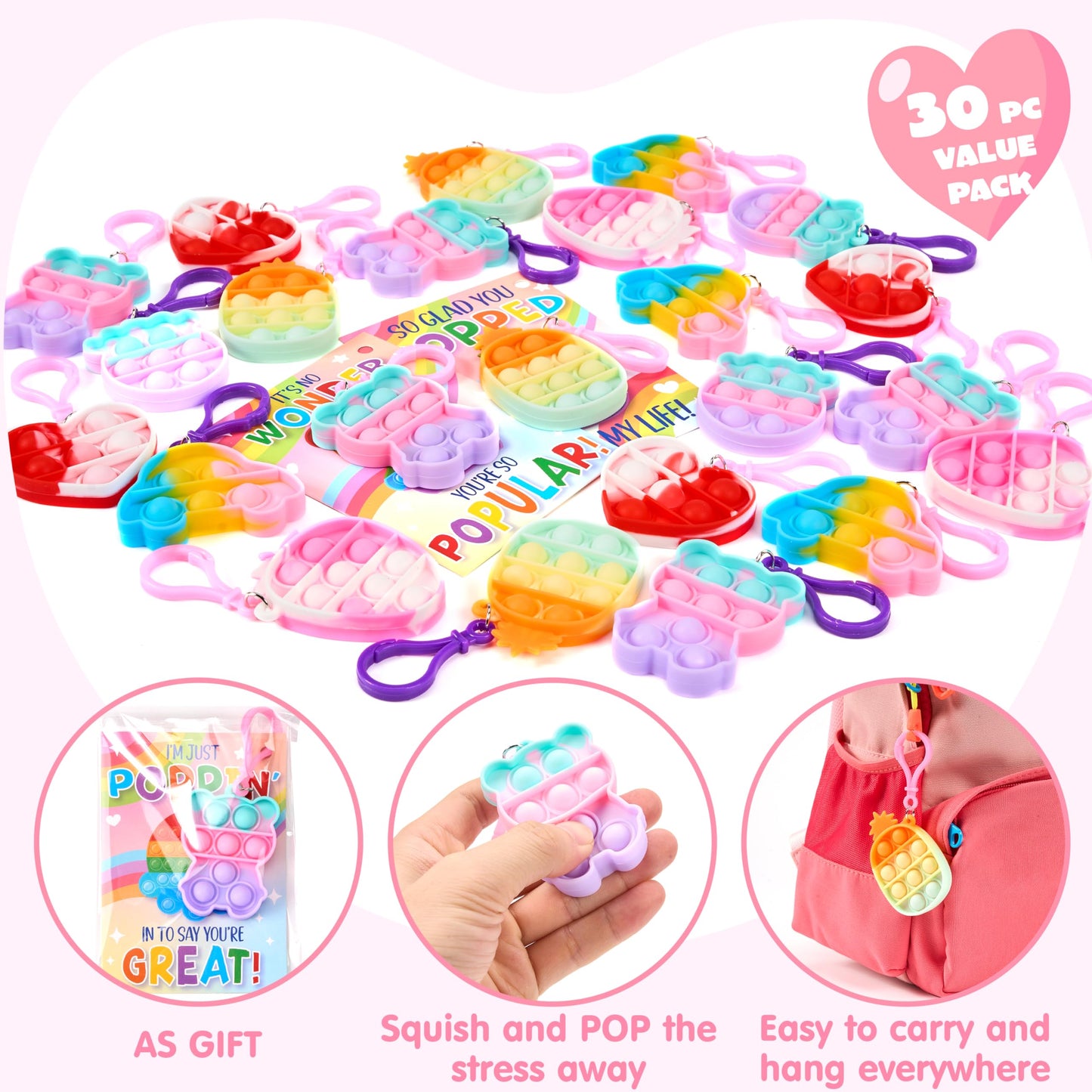 JOYIN 30 Packs Valentine’s Day Gift Cards with Pop Bubble Keychains – 6 Designs Fidget Toys for Kids