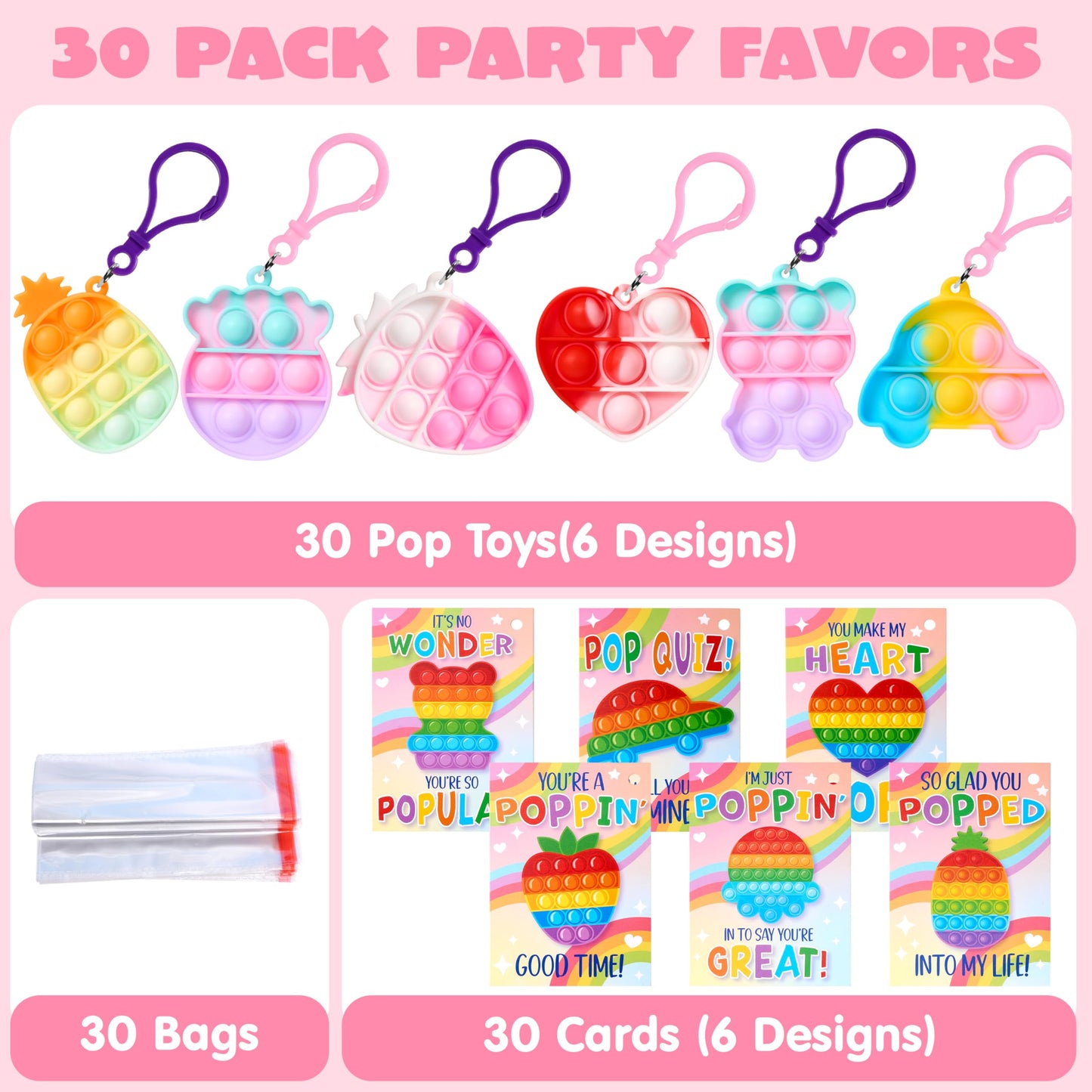 JOYIN 30 Packs Valentine’s Day Gift Cards with Pop Bubble Keychains – 6 Designs Fidget Toys for Kids