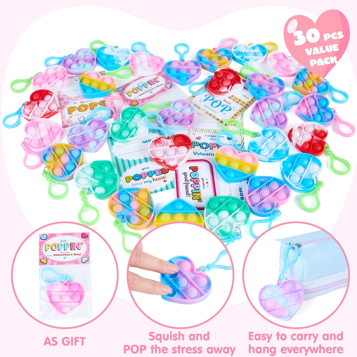JOYIN 30 Pack Valentines Gift Cards with Pop Fidget Keychains | Stress-Relief Toys & Classroom Prizes