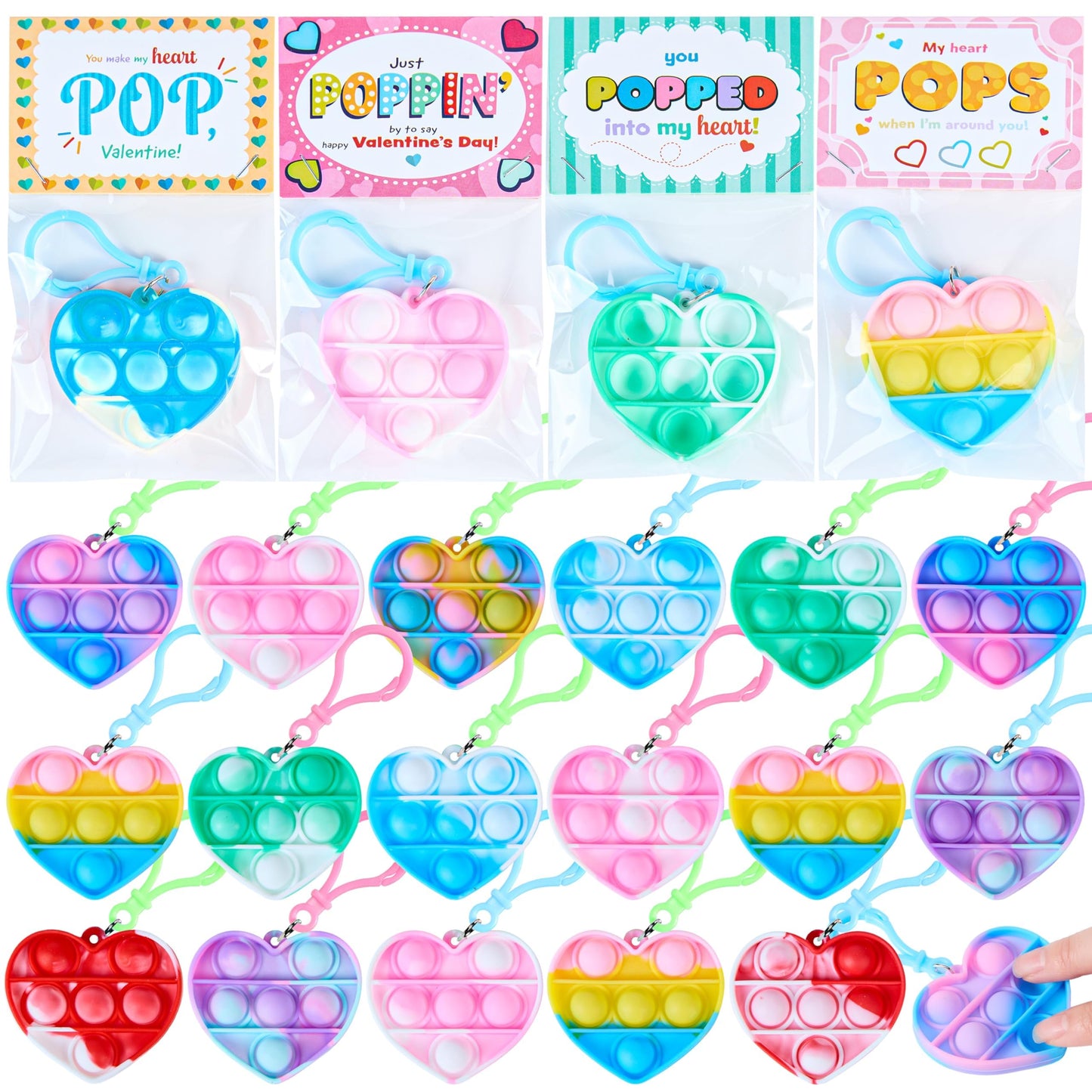 JOYIN 30 Pack Valentines Gift Cards with Pop Fidget Keychains | Stress-Relief Toys & Classroom Prizes