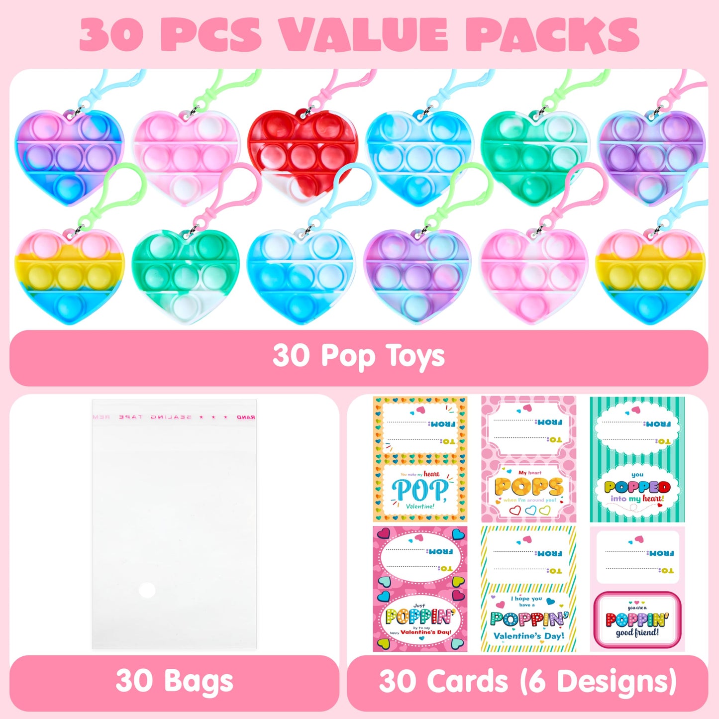 JOYIN 30 Pack Valentines Gift Cards with Pop Fidget Keychains | Stress-Relief Toys & Classroom Prizes