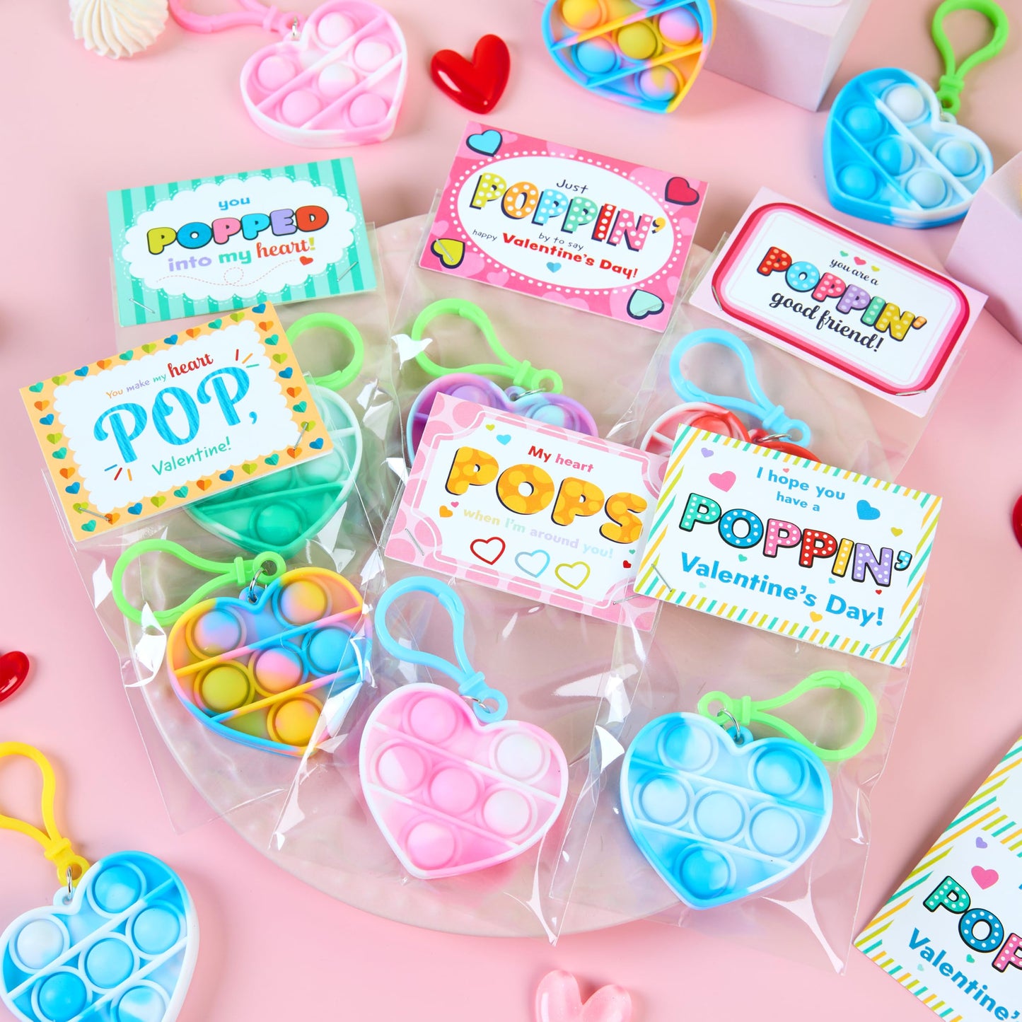 JOYIN 30 Pack Valentines Gift Cards with Pop Fidget Keychains | Stress-Relief Toys & Classroom Prizes