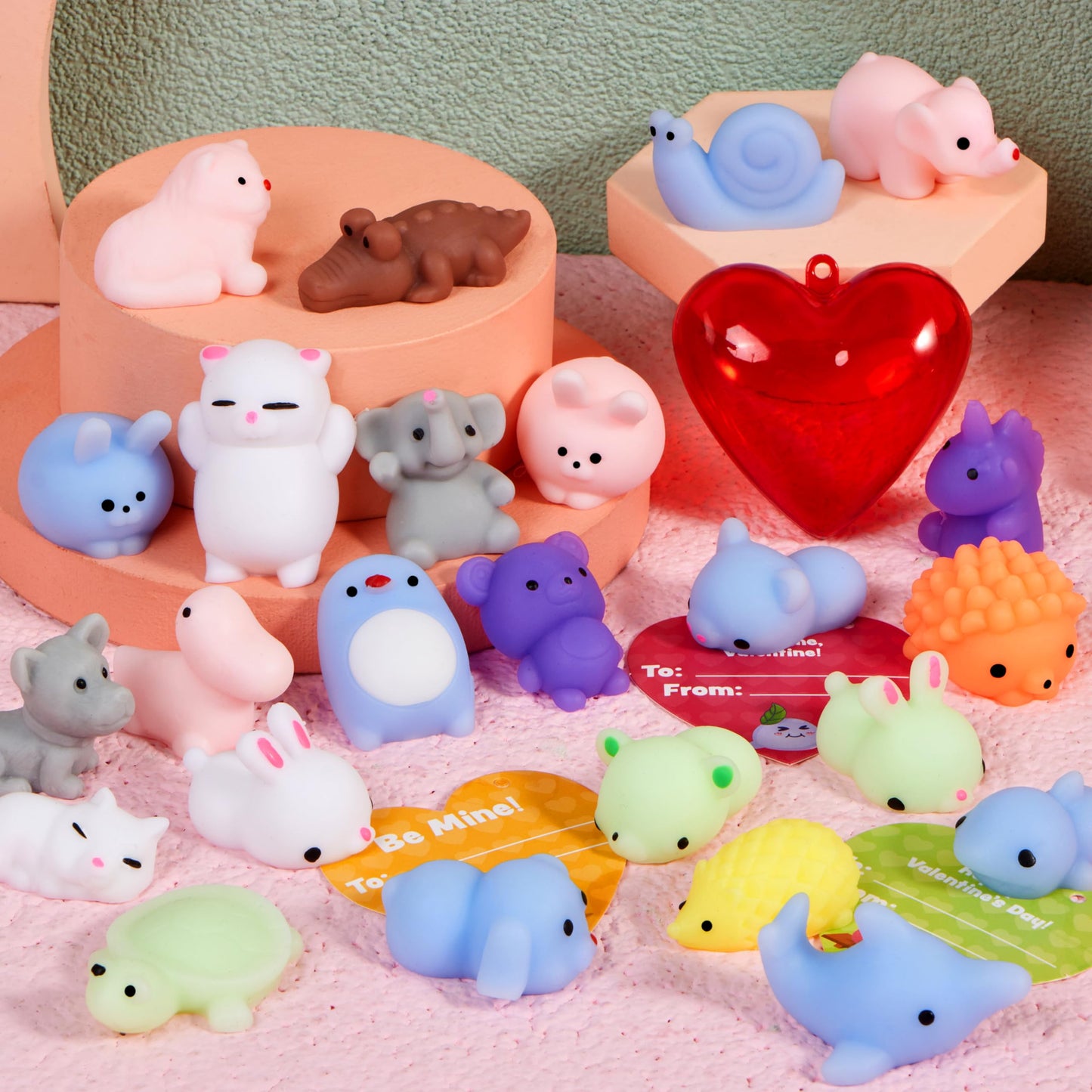 JOYIN 28-Piece Valentine Mochi Squishy Toys with Heart Shells & Cards