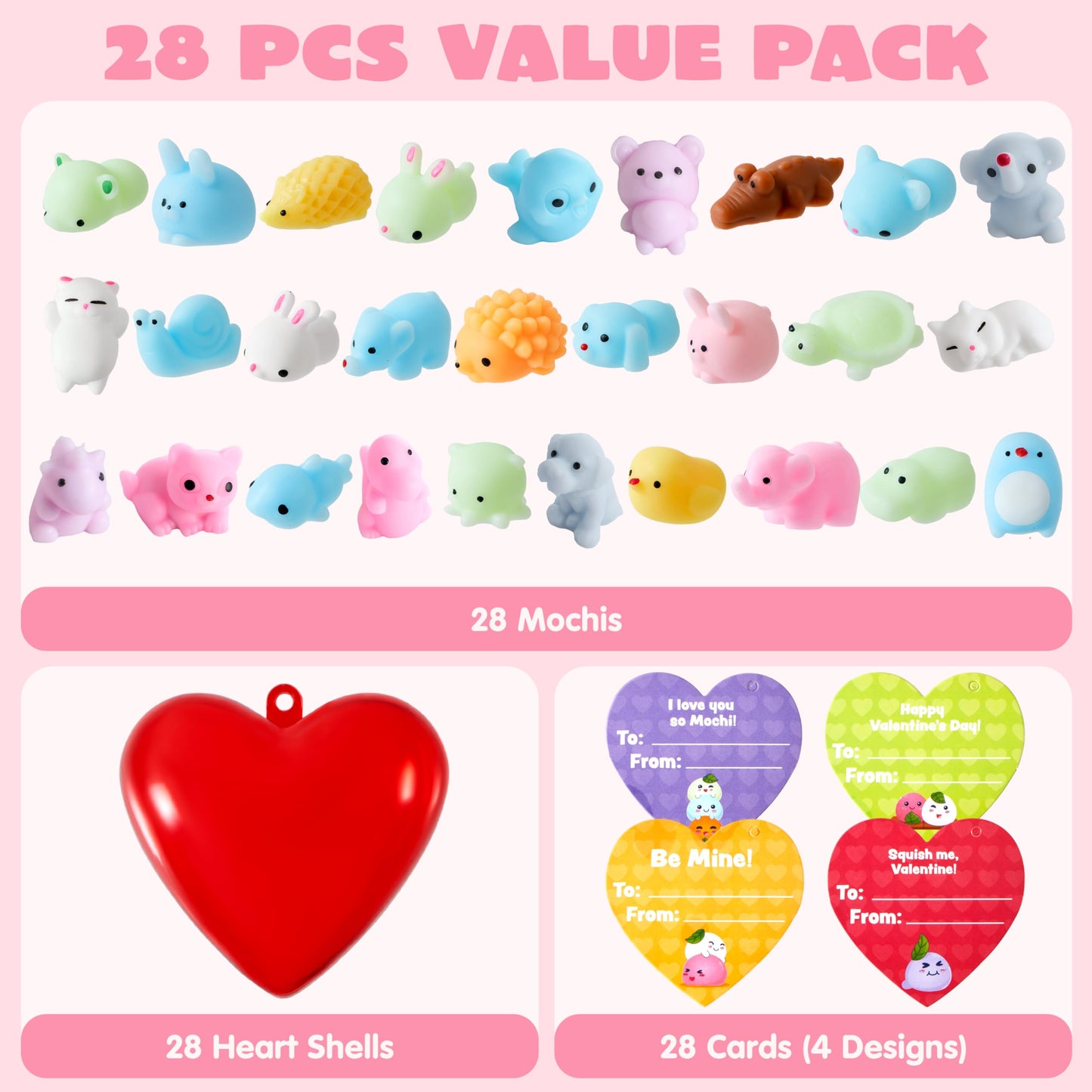JOYIN 28-Piece Valentine Mochi Squishy Toys with Heart Shells & Cards