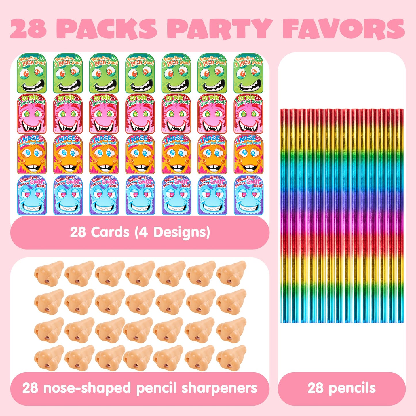 JOYIN 28PCS Valentines Day Stationery Set – Funny Nose Cards & Pencils for Classrooms