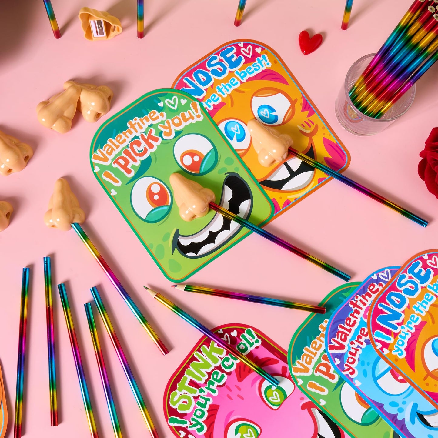 JOYIN 28PCS Valentines Day Stationery Set – Funny Nose Cards & Pencils for Classrooms