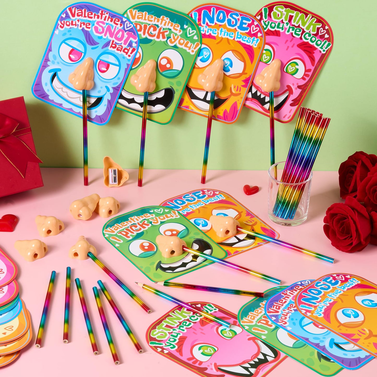 JOYIN 28PCS Valentines Day Stationery Set – Funny Nose Cards & Pencils for Classrooms
