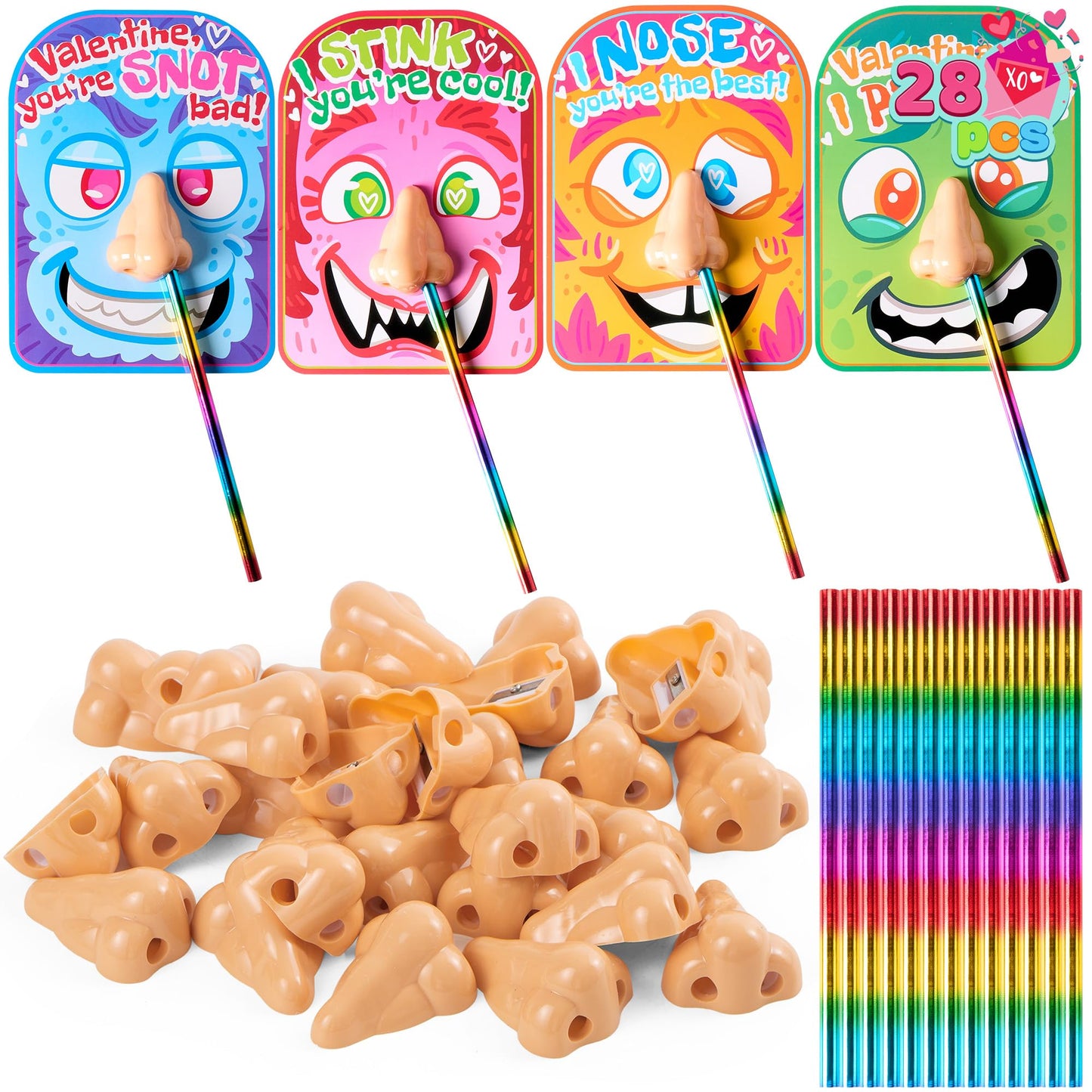 JOYIN 28PCS Valentines Day Stationery Set – Funny Nose Cards & Pencils for Classrooms