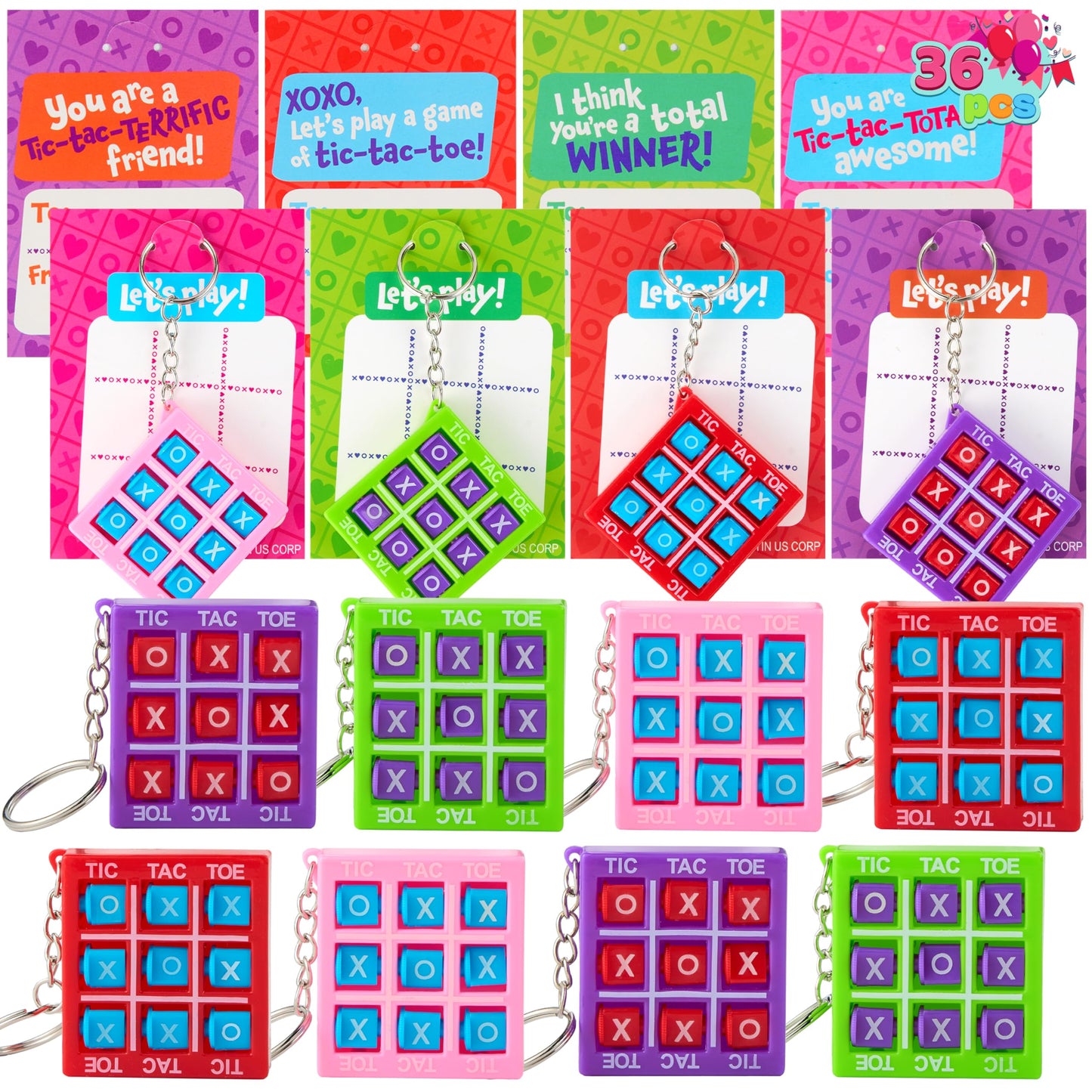 JOYIN 36-Piece Valentines Tic-Tac-Toe Keychains with Greeting Cards