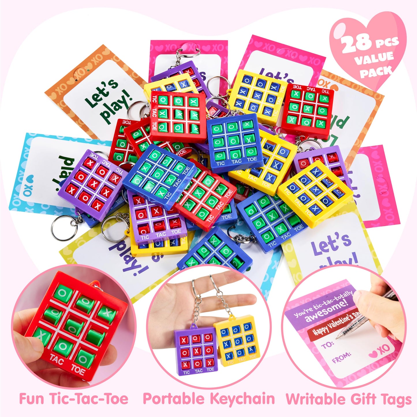 JOYIN 28 Pcs Valentine's Day Gift Cards with Tic-Tac-Toe Keychains – Classroom Prizes & Gifts