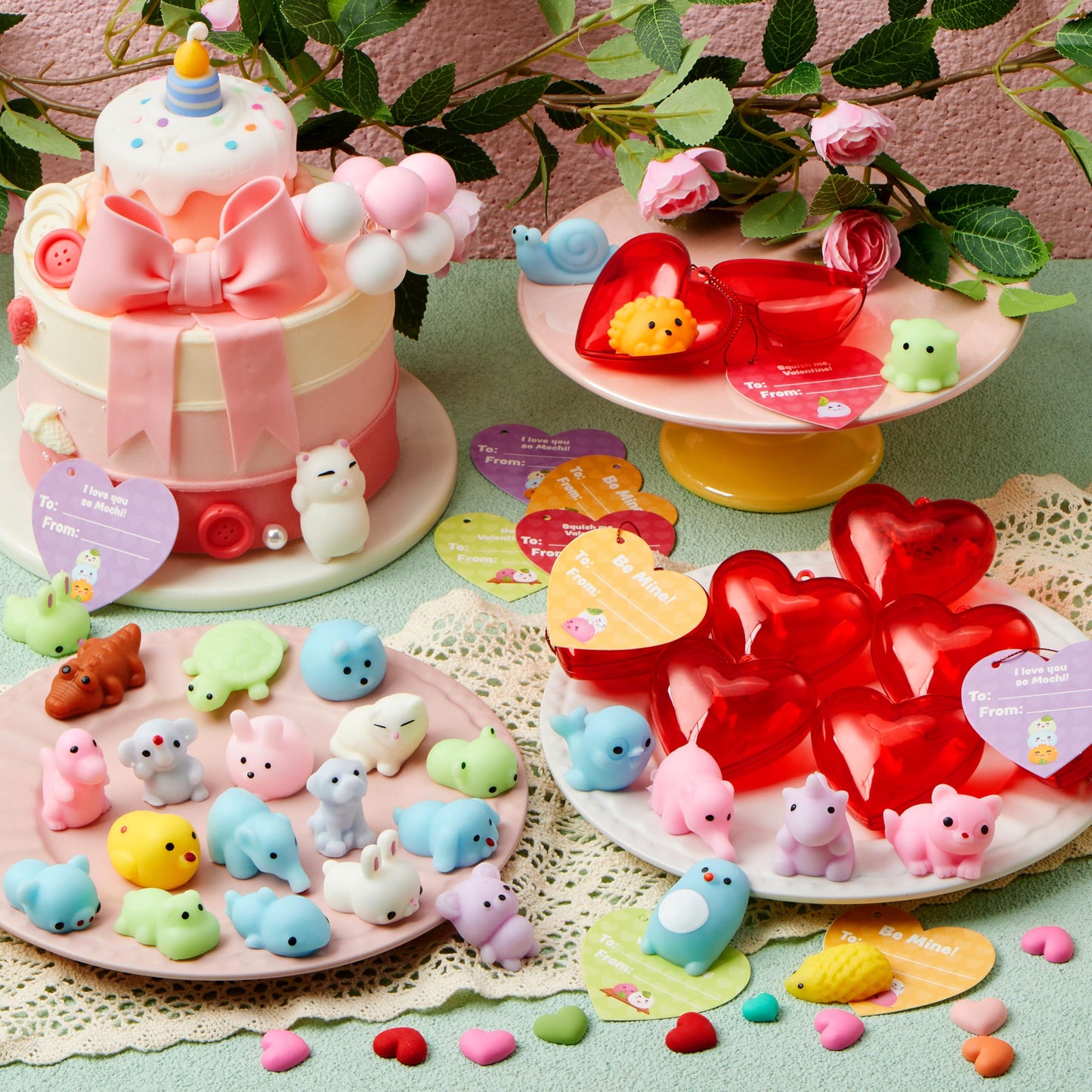 JOYIN 28-Piece Valentine Mochi Squishy Toys with Heart Shells & Cards