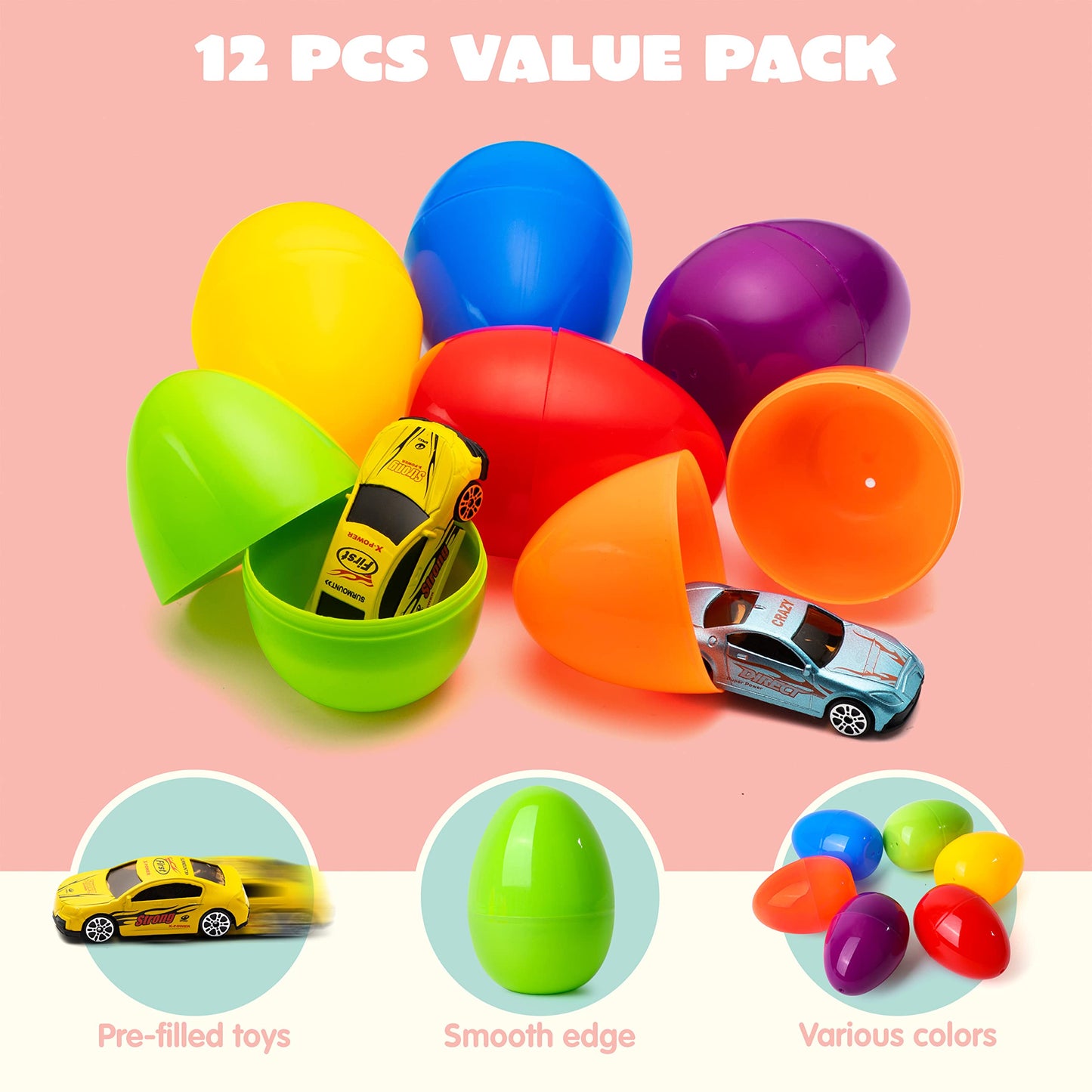 JOYIN 12 Pcs Die-Cast Car Filled Easter Eggs – Pre-Filled Eggs with Different Cars