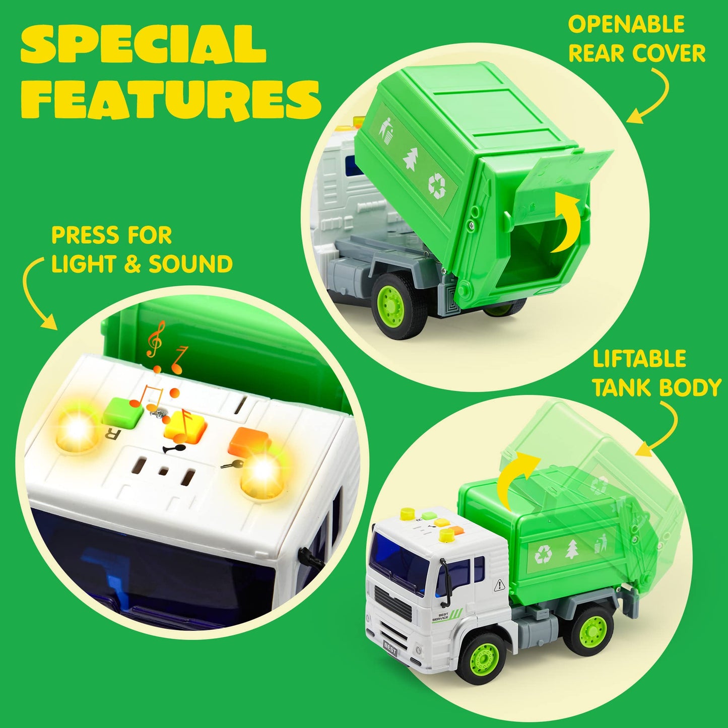 JOYIN 4 Pcs 7\" Vehicle Toy Set with Lights & Sirens – Police Car, Garbage Truck, Fire Truck, School Bus