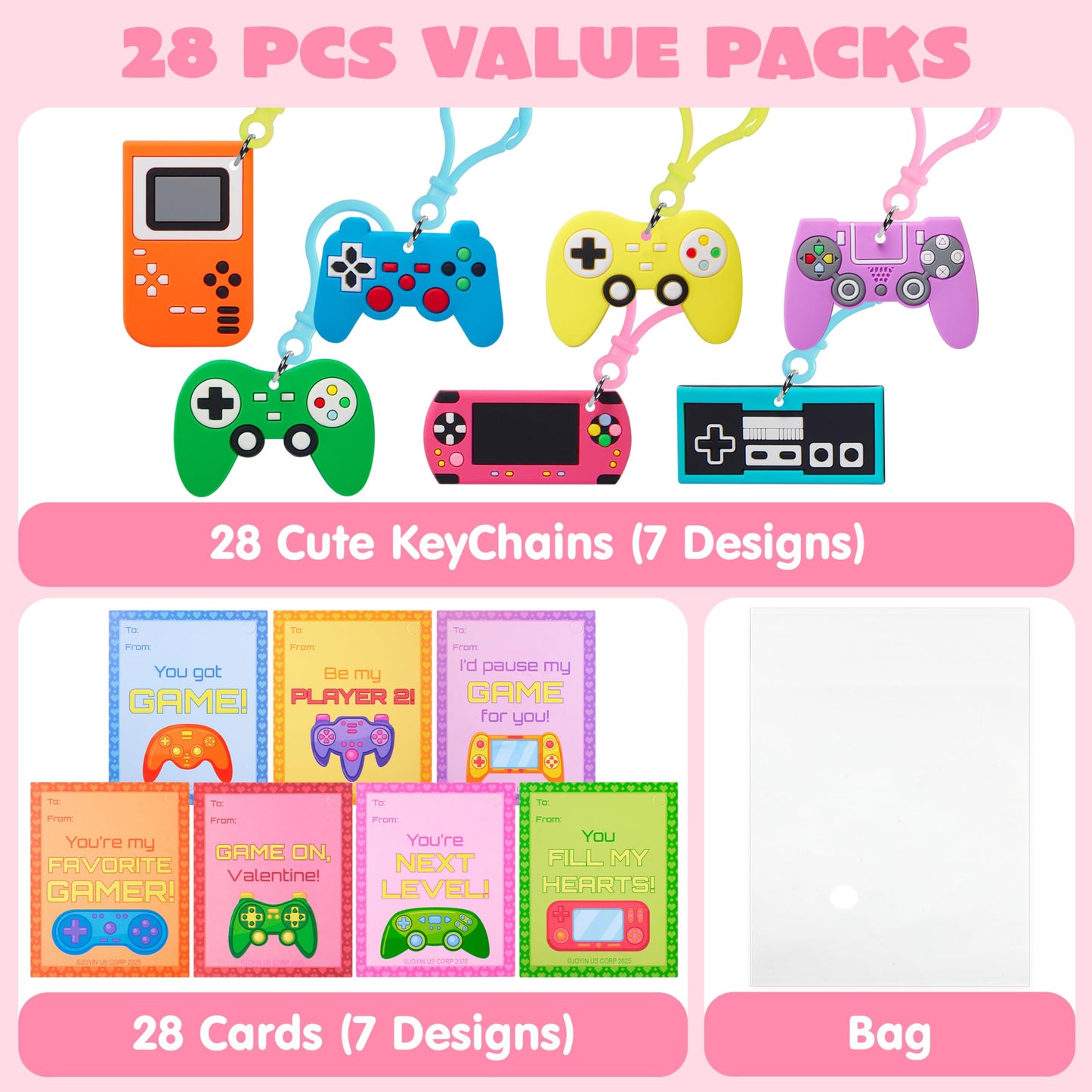 JOYIN 28 Pcs Valentines Day Gift Cards with Video Game Keychains