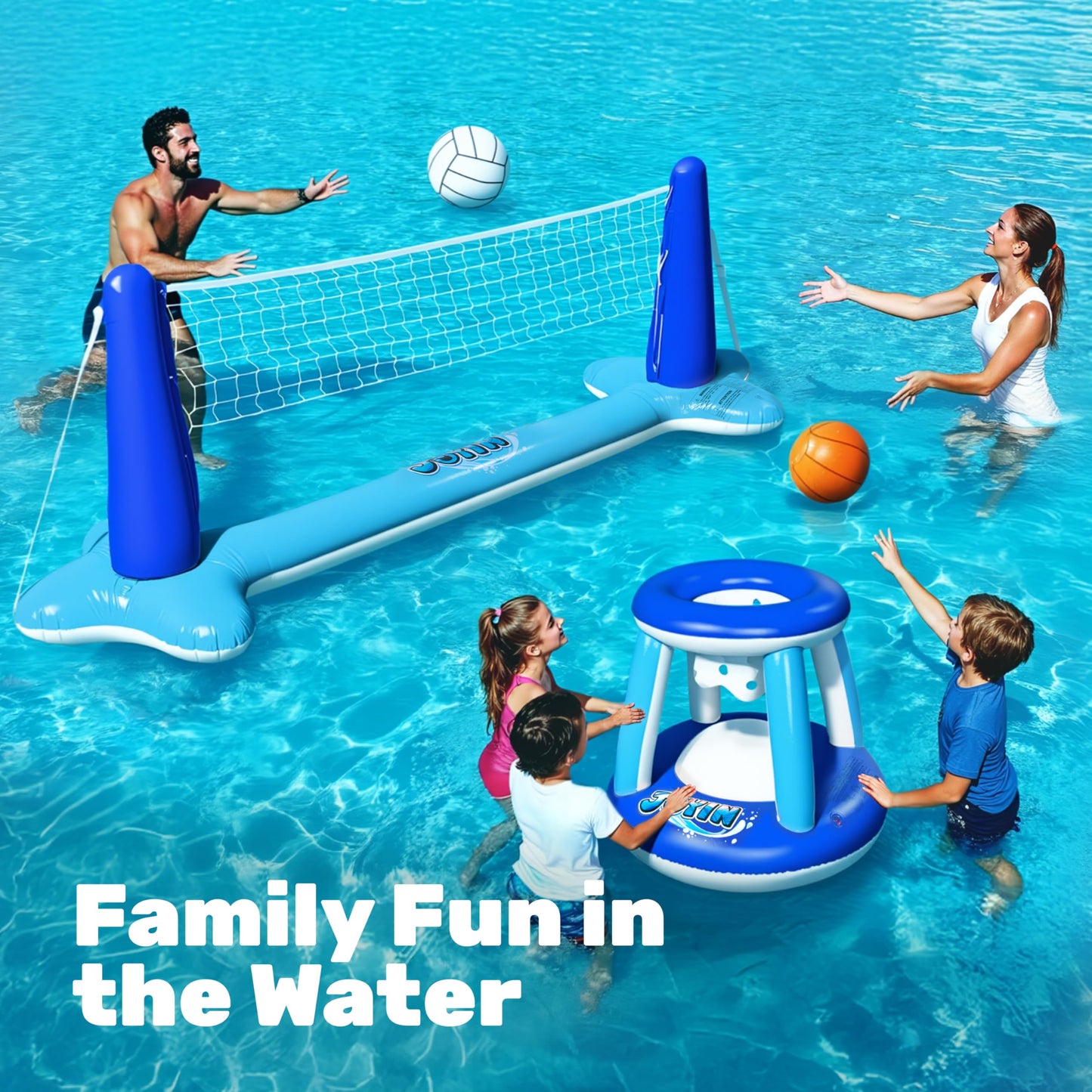 JOYIN Inflatable Volleyball Net & Basketball Hoops Pool Float Set | Balls Included for Kids & Adults | Summer Pool Games