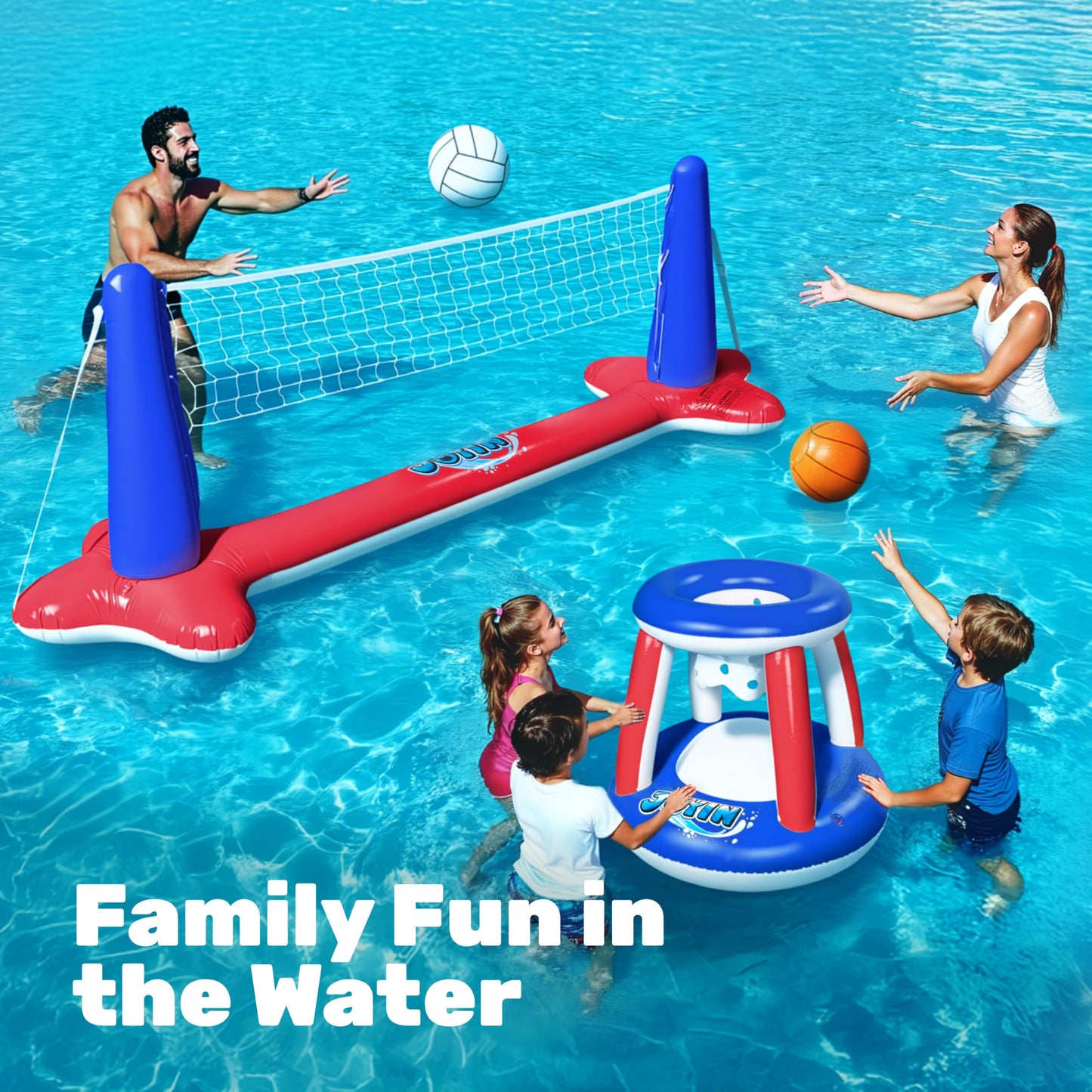 JOYIN Inflatable Pool Float Set – Volleyball Court Net & Basketball Hoops with Balls Included | Summer Pool Games for Kids & Adults | L-Red