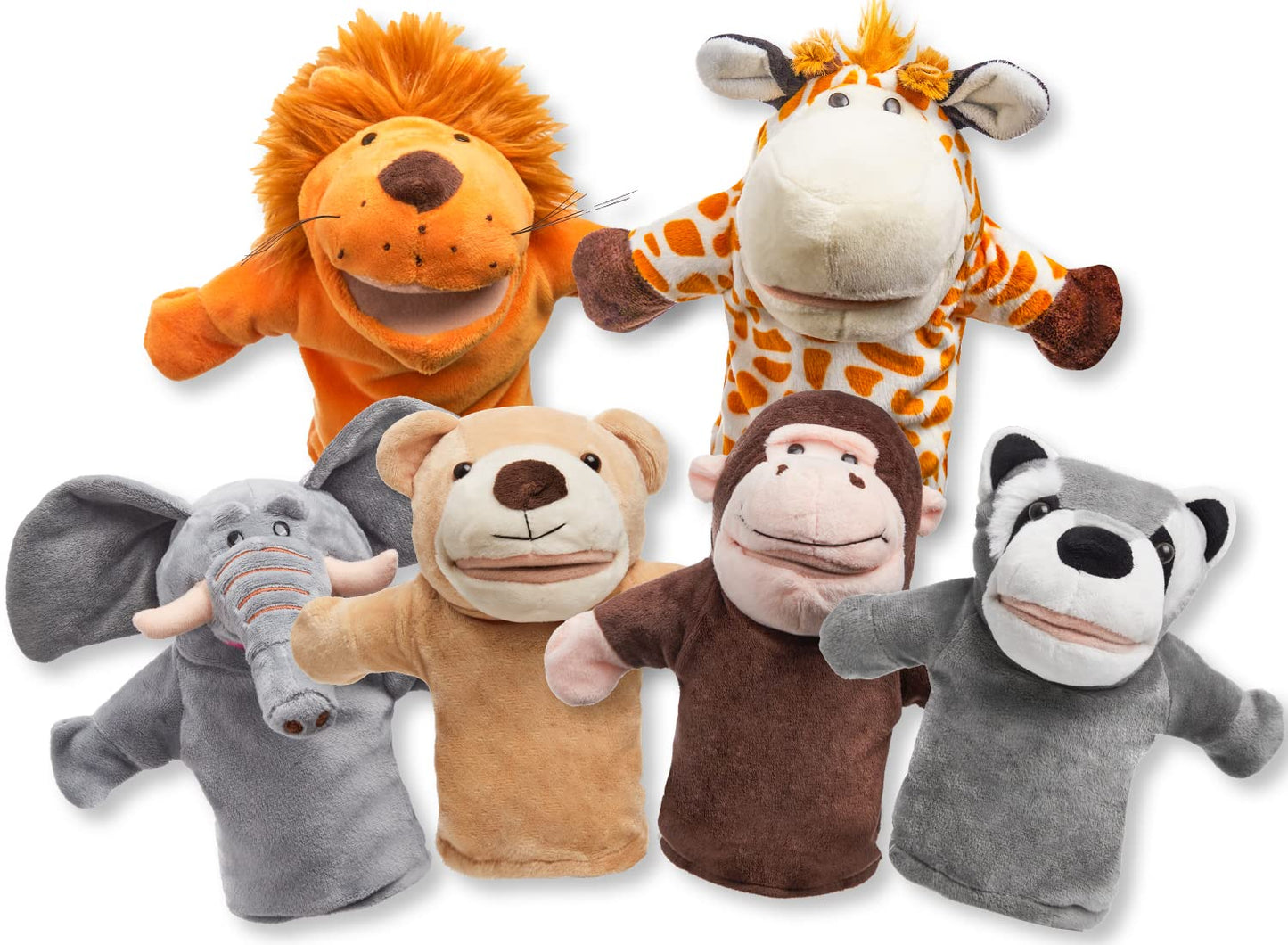 JOYIN 6Pcs Kids Hand Puppet Set with Working Mouth — Elephant, Giraffe, Lion, Bear, Raccoon & Monkey