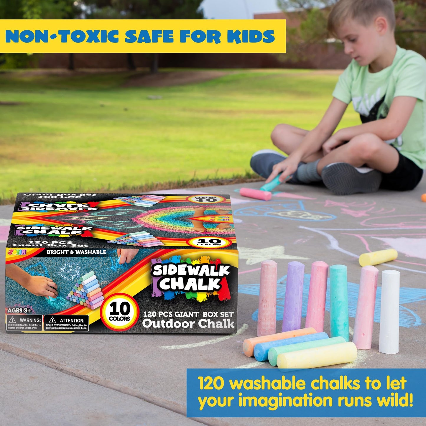 JOYIN 120 Pcs Sidewalk Chalk Set – Jumbo, Non-Toxic, Washable, 10 Colors