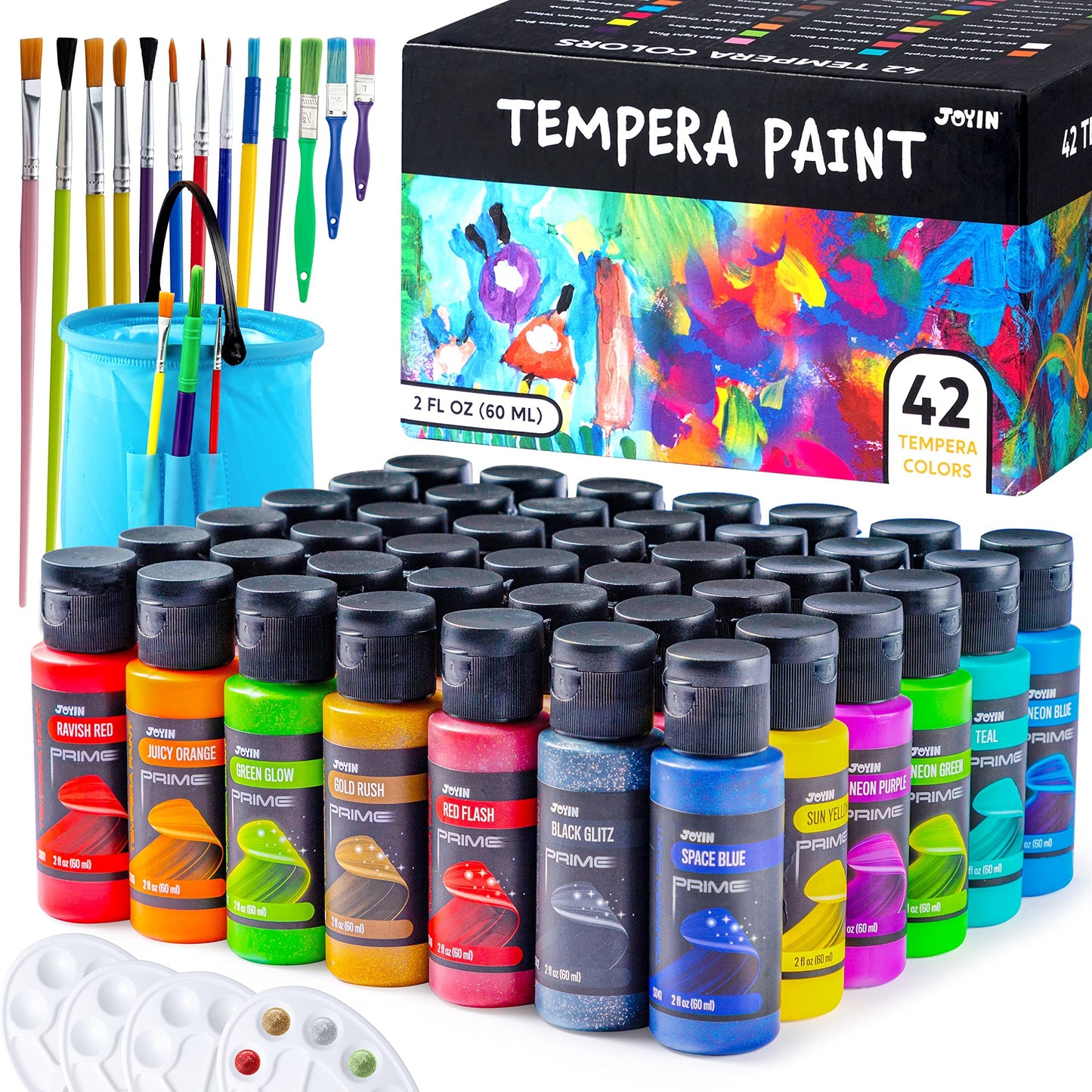 JOYIN Washable Tempera Paint Set for Kids – 42 Colors, 15 Brushes, 4 Palettes, Non-Toxic & Washable