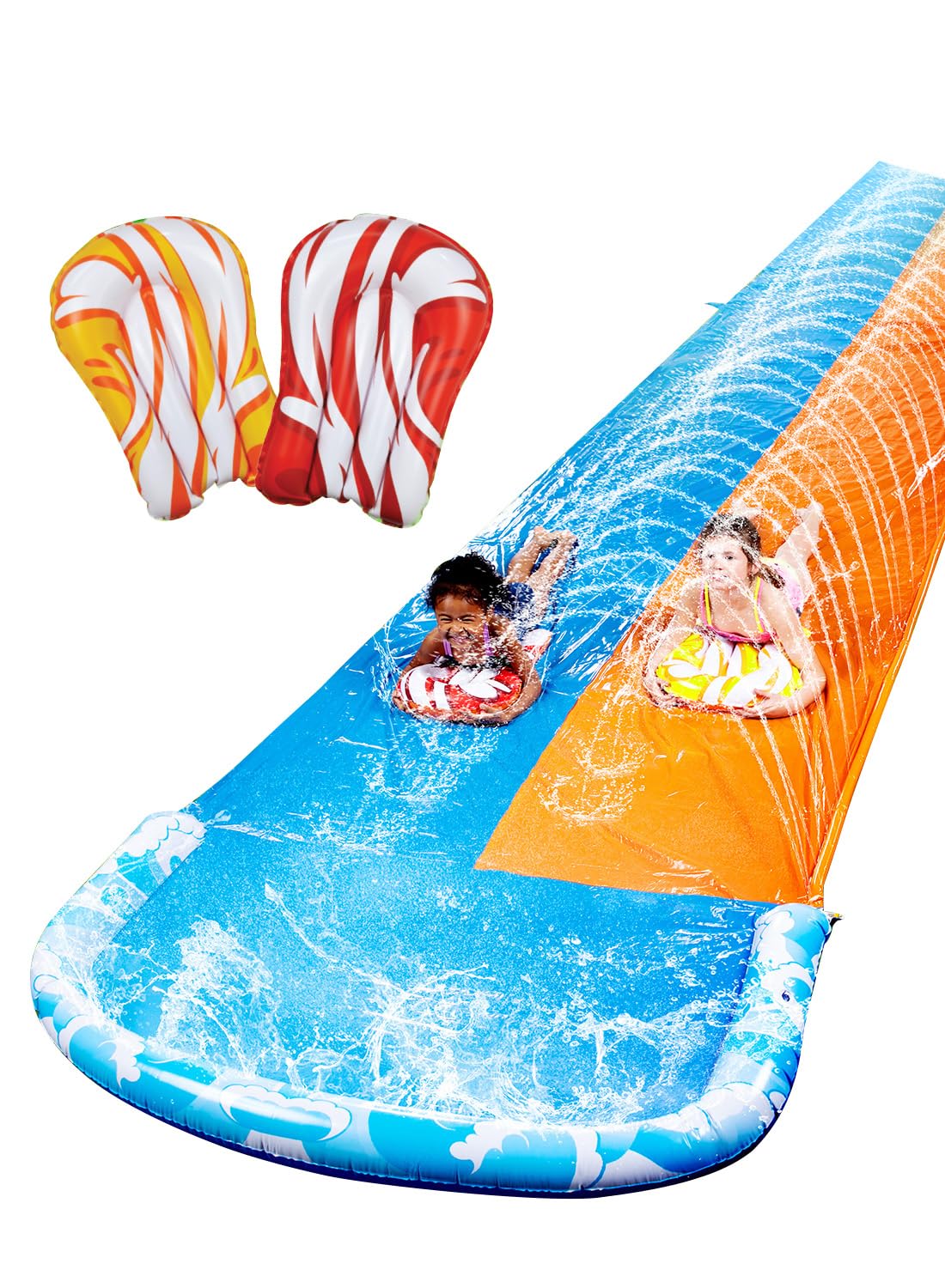 JOYIN 32.5ft Water Slide with 2 Inflatable Boards – Double Lawn Splash Pad with Sprinkler (Blue/Orange)
