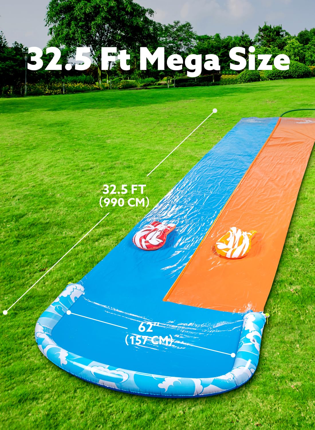 JOYIN 32.5ft Water Slide with 2 Inflatable Boards – Double Lawn Splash Pad with Sprinkler (Blue/Orange)