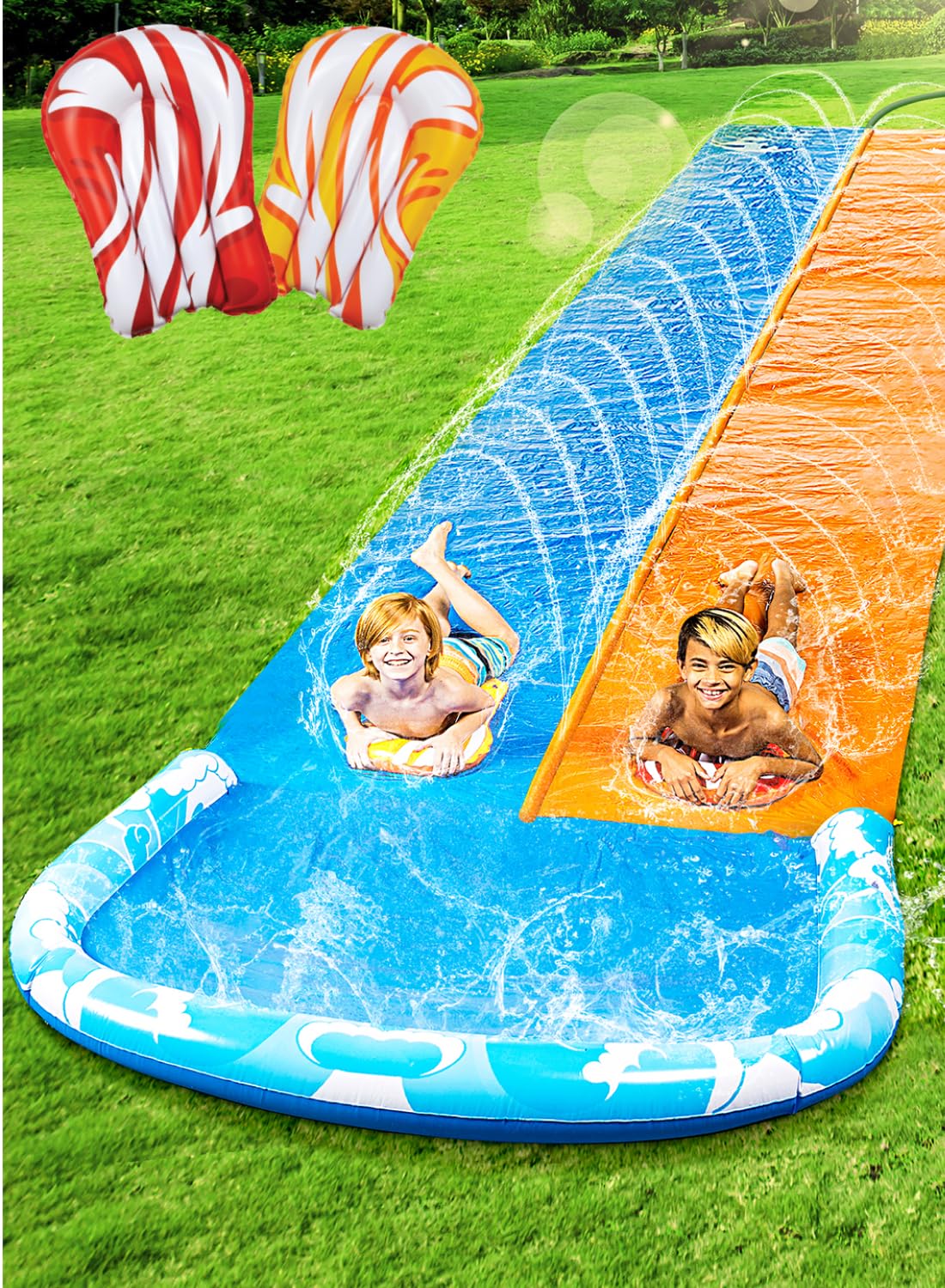 JOYIN 32.5ft Water Slide with 2 Inflatable Boards – Double Lawn Splash Pad with Sprinkler (Blue/Orange)