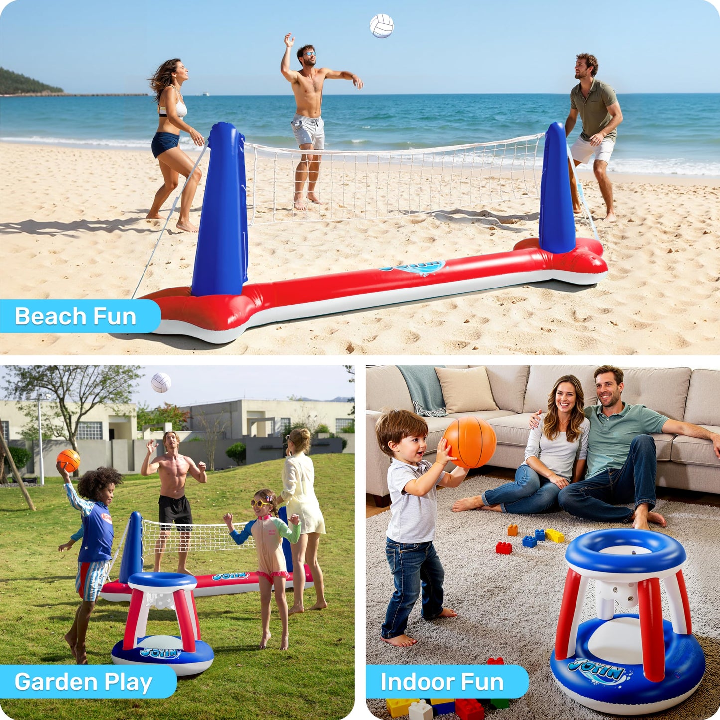 JOYIN Inflatable Pool Float Set – Volleyball Court Net & Basketball Hoops with Balls Included | Summer Pool Games for Kids & Adults | L-Red