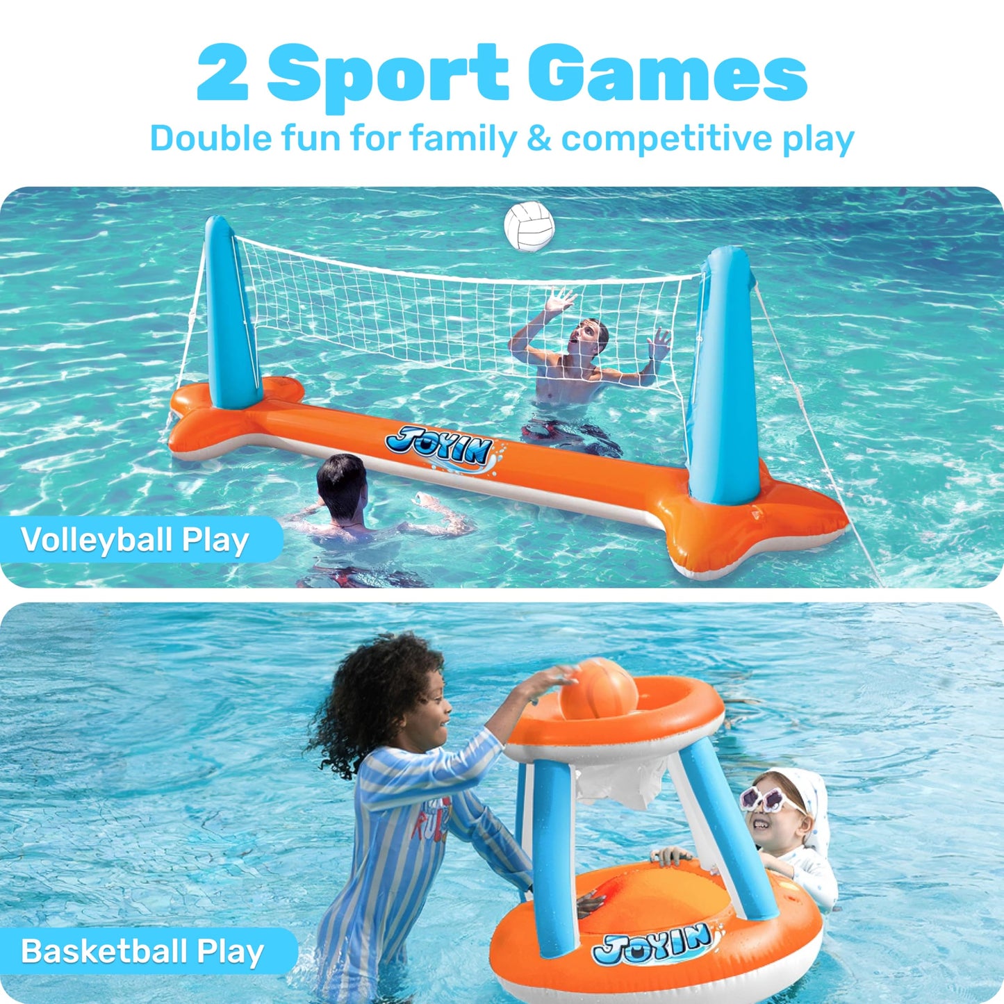 JOYIN Inflatable Pool Float Set with Volleyball Net & Basketball Hoops – 105”x28”x38” / 27.6”x23” | L-Orange