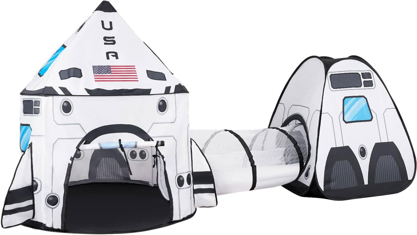 JOYIN White Rocket Ship Pop Up Play Tent with Tunnel – Indoor & Outdoor Kids Space Playset