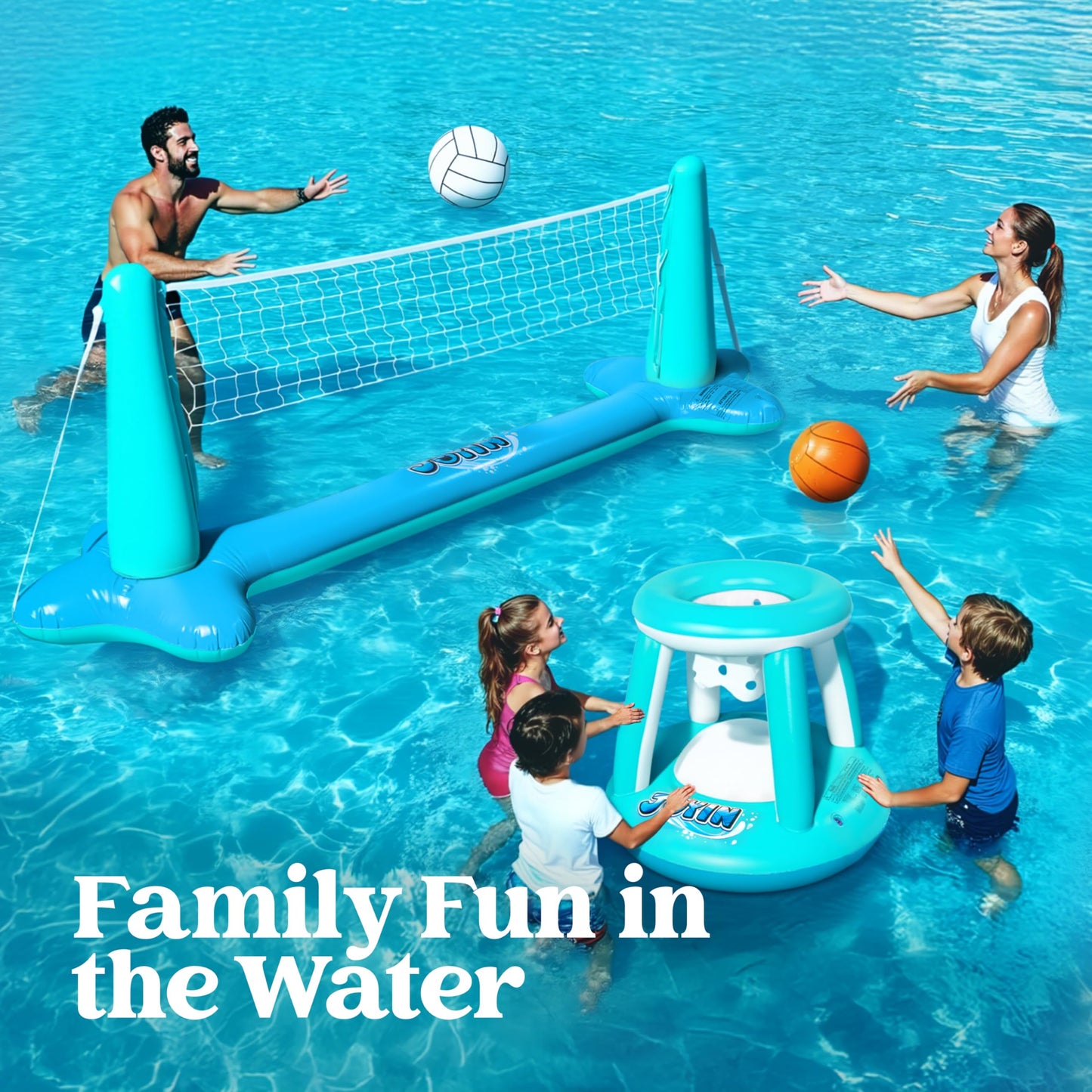 JOYIN XL Inflatable Pool Float Set with 125-in Volleyball Net & 27.6x29-in Basketball Hoop