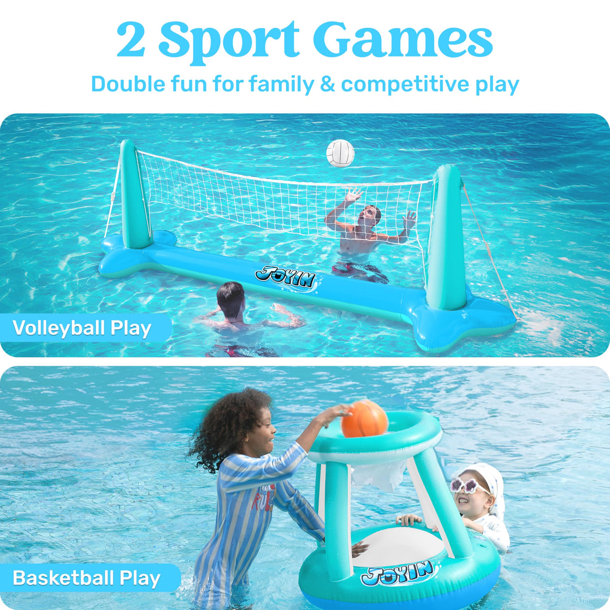 JOYIN XL Inflatable Pool Float Set with 125-in Volleyball Net & 27.6x29-in Basketball Hoop
