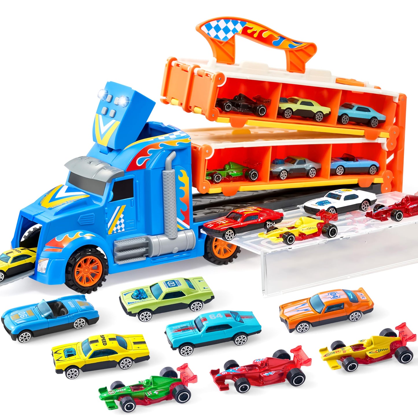 JOYIN Toy Truck Carrier Set – 5-Foot Track & 12 Die-Cast Cars