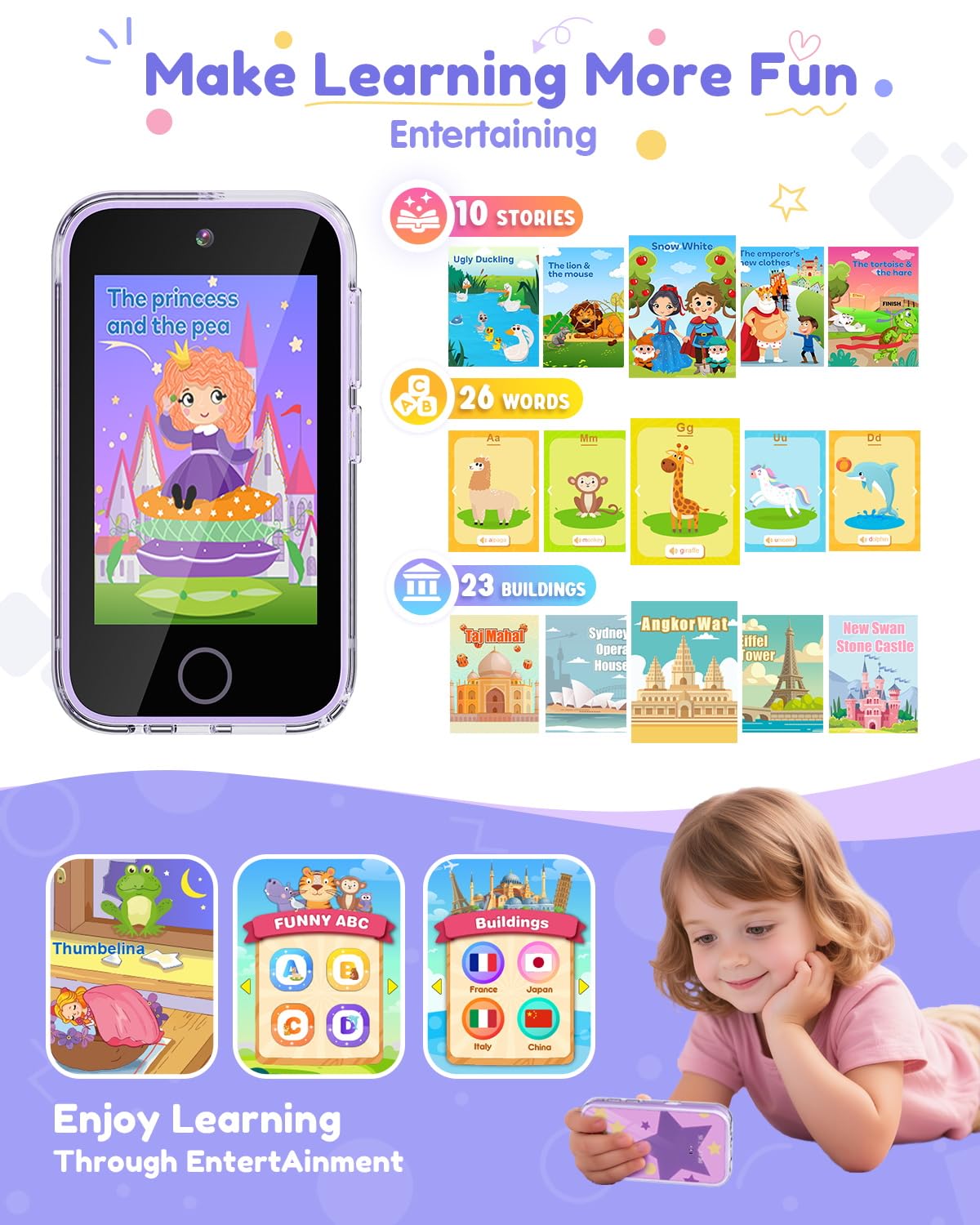 JOYJAM Phone for Kids 3-8 — 3.5-inch Touchscreen Learning Phone with Dual Camera, ABC & Landmarks, Habit Tracker