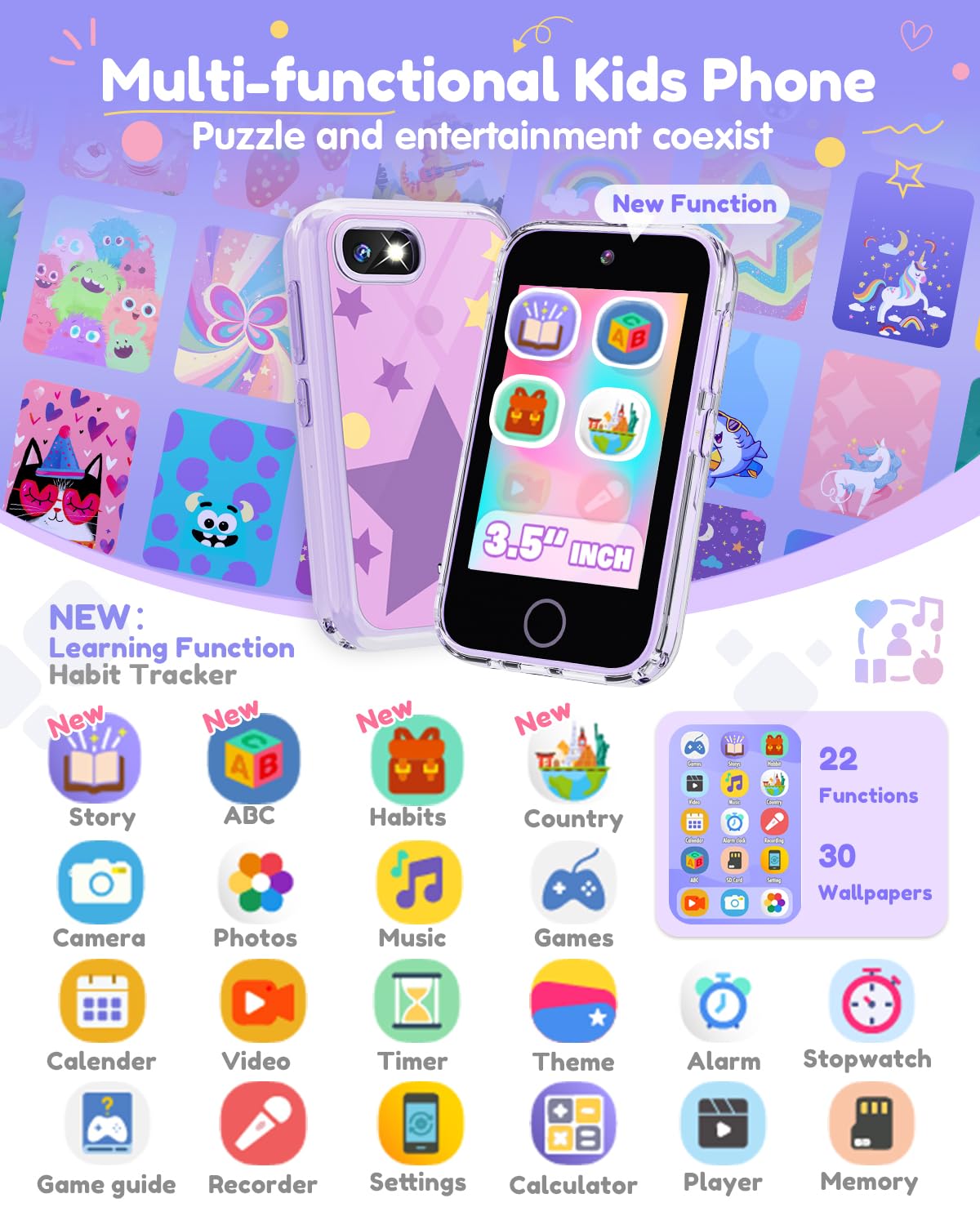 JOYJAM Phone for Kids 3-8 — 3.5-inch Touchscreen Learning Phone with Dual Camera, ABC & Landmarks, Habit Tracker