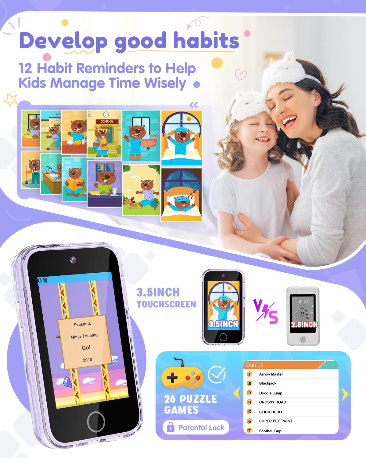 JOYJAM Phone for Kids 3-8 — 3.5-inch Touchscreen Learning Phone with Dual Camera, ABC & Landmarks, Habit Tracker