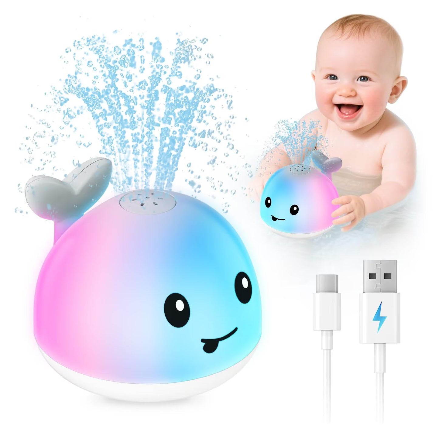 JoyLEME Light-Up Whale Bath Toy — USB Rechargeable Water Sprinkler for Babies & Toddlers