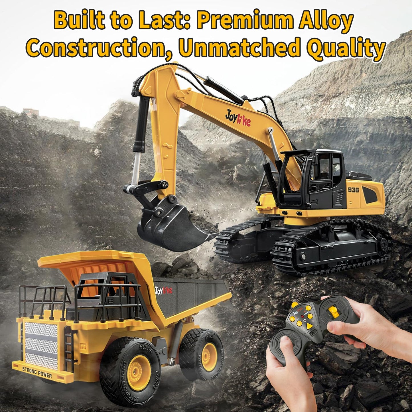 Joylike RC Excavator & Dump Truck Toy Set - 2.4GHz Metal RC with Lights & Sounds, 1:24 Scale