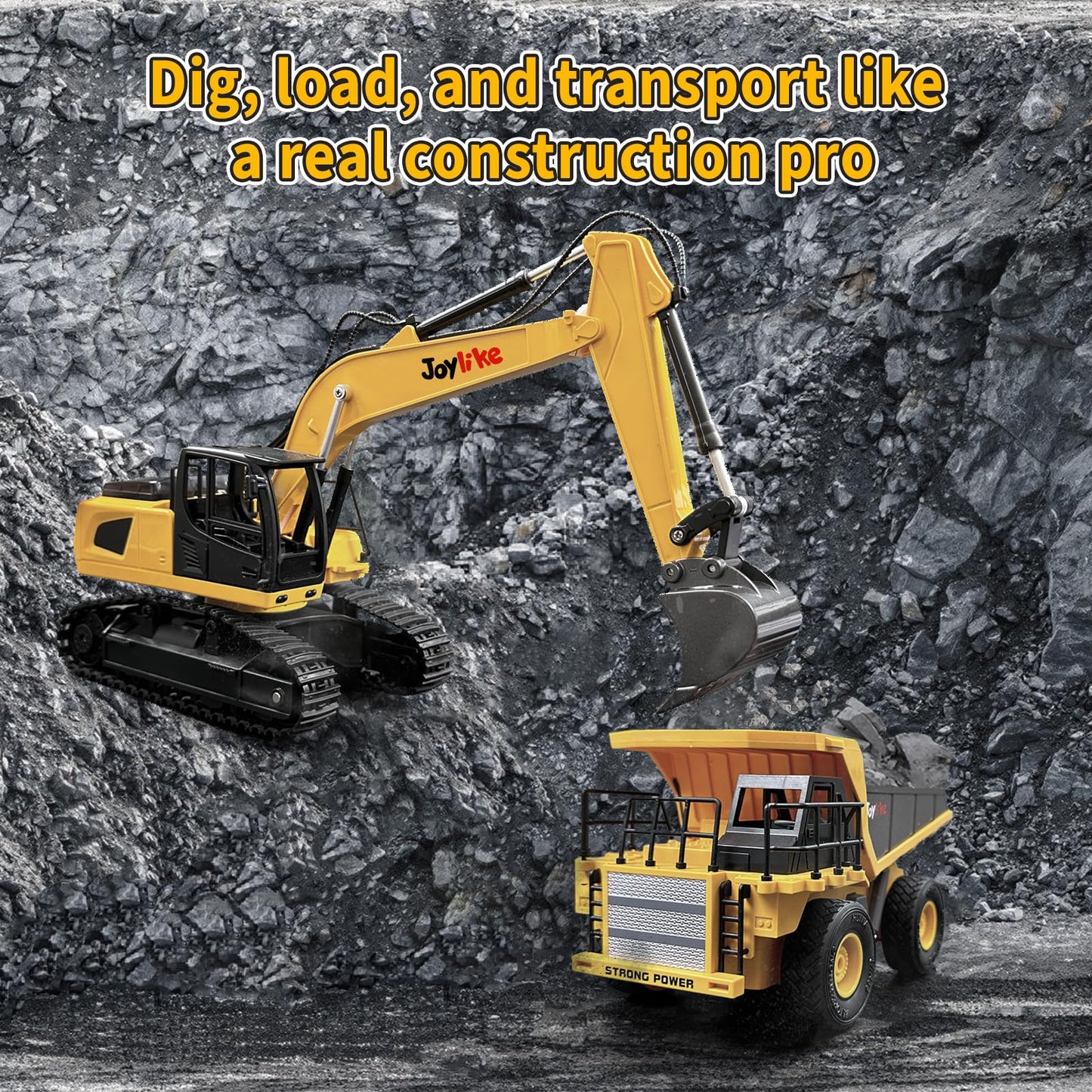 Joylike RC Excavator & Dump Truck Toy Set - 2.4GHz Metal RC with Lights & Sounds, 1:24 Scale