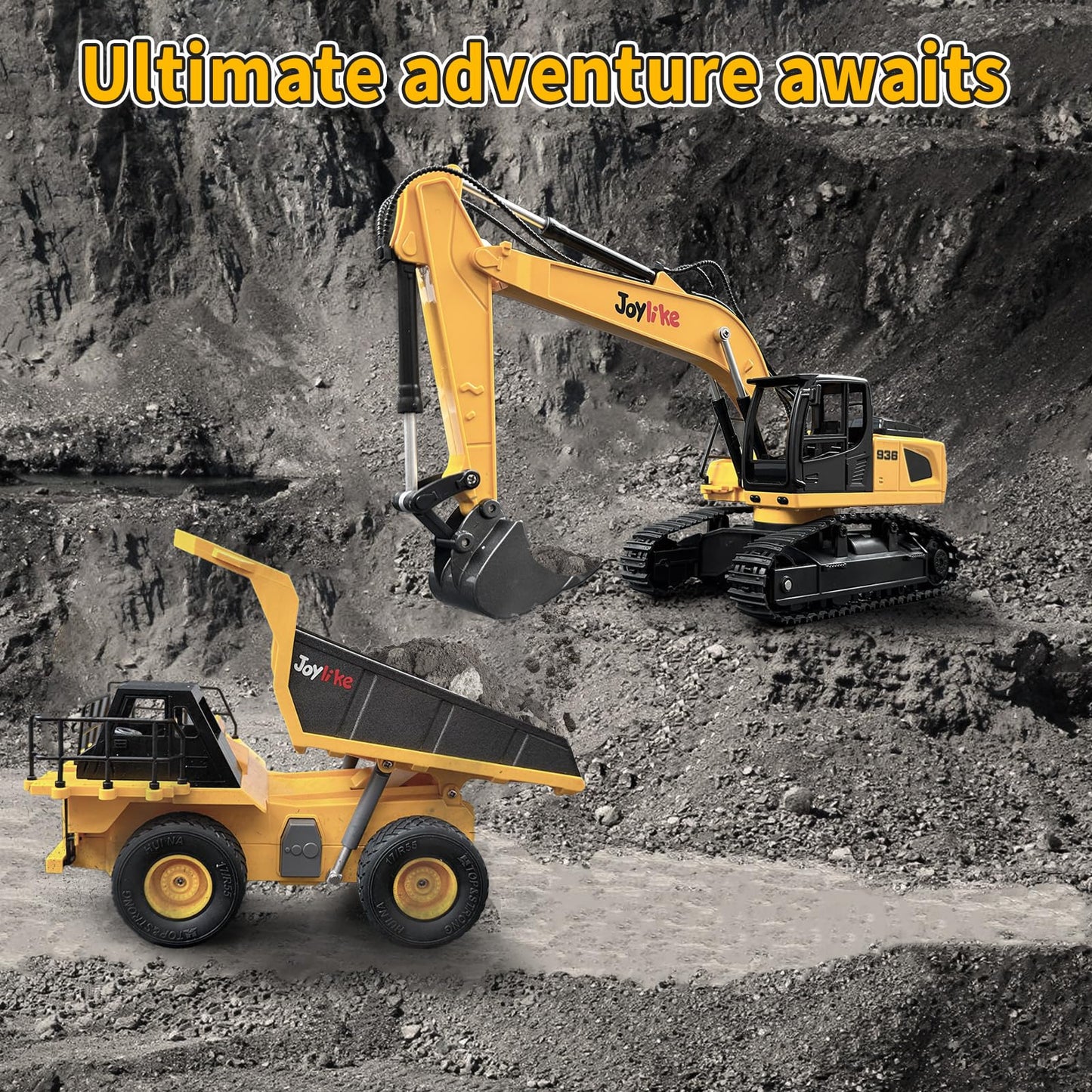 Joylike RC Excavator & Dump Truck Toy Set - 2.4GHz Metal RC with Lights & Sounds, 1:24 Scale