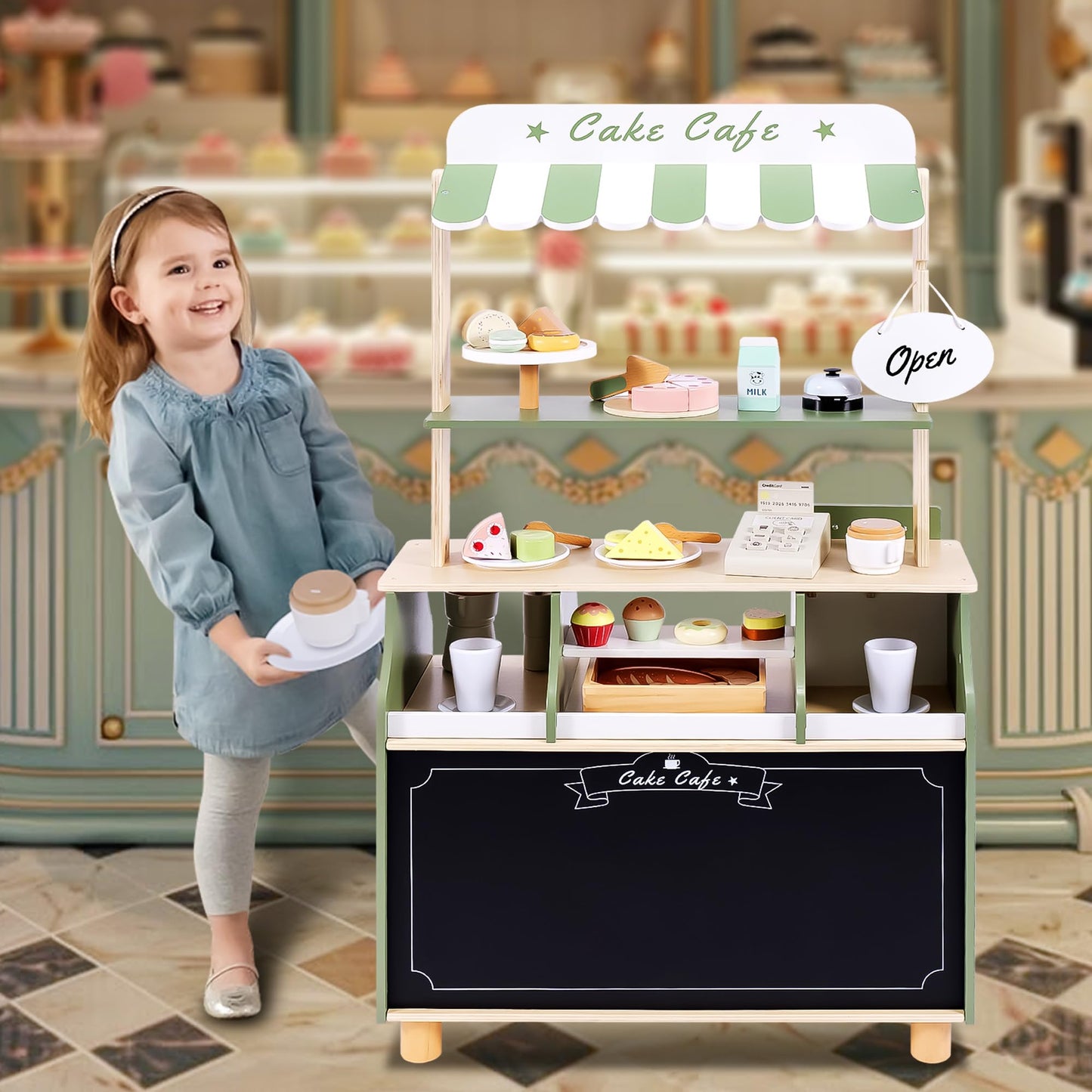 Joylike Wooden Coffee Shop Play Set – 37-Piece Pretend Café & Bakery Toy for Kids 3–6