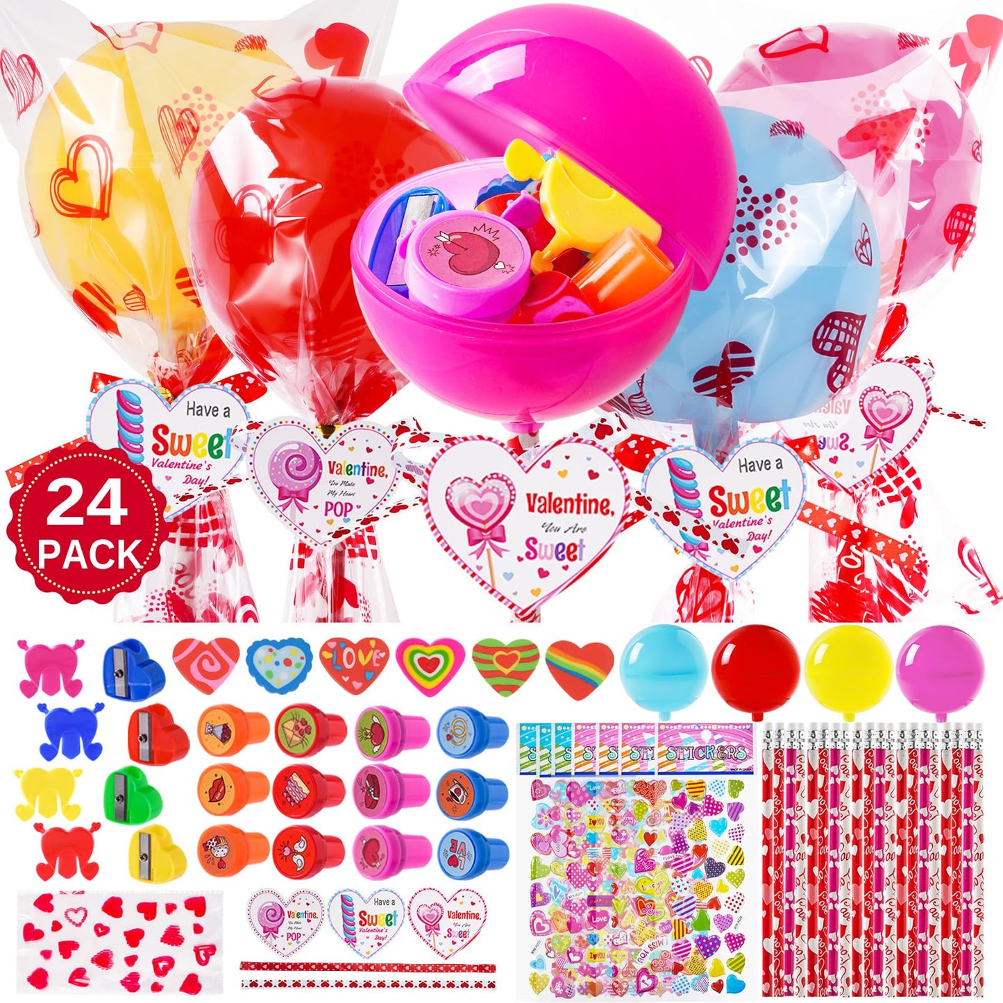 JOYLOKY 240pcs Valentines Day Stationery Set for Kids | Giant Lollipop & 24 Cards