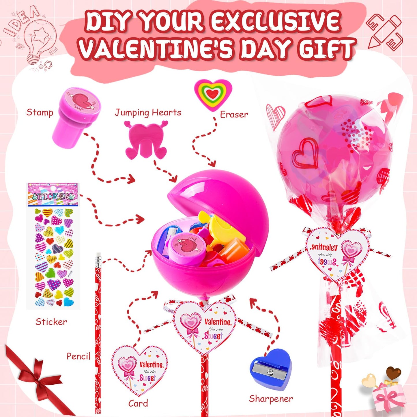 JOYLOKY 240pcs Valentines Day Stationery Set for Kids | Giant Lollipop & 24 Cards