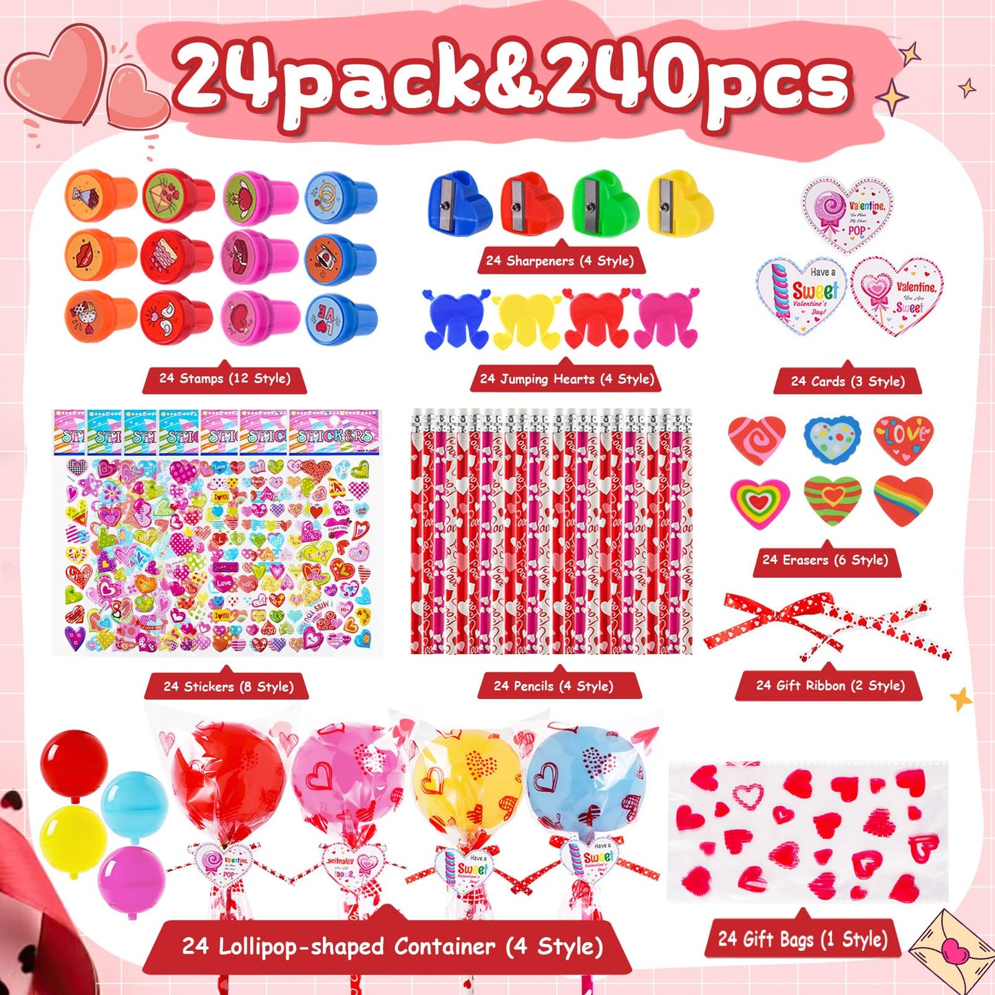JOYLOKY 240pcs Valentines Day Stationery Set for Kids | Giant Lollipop & 24 Cards