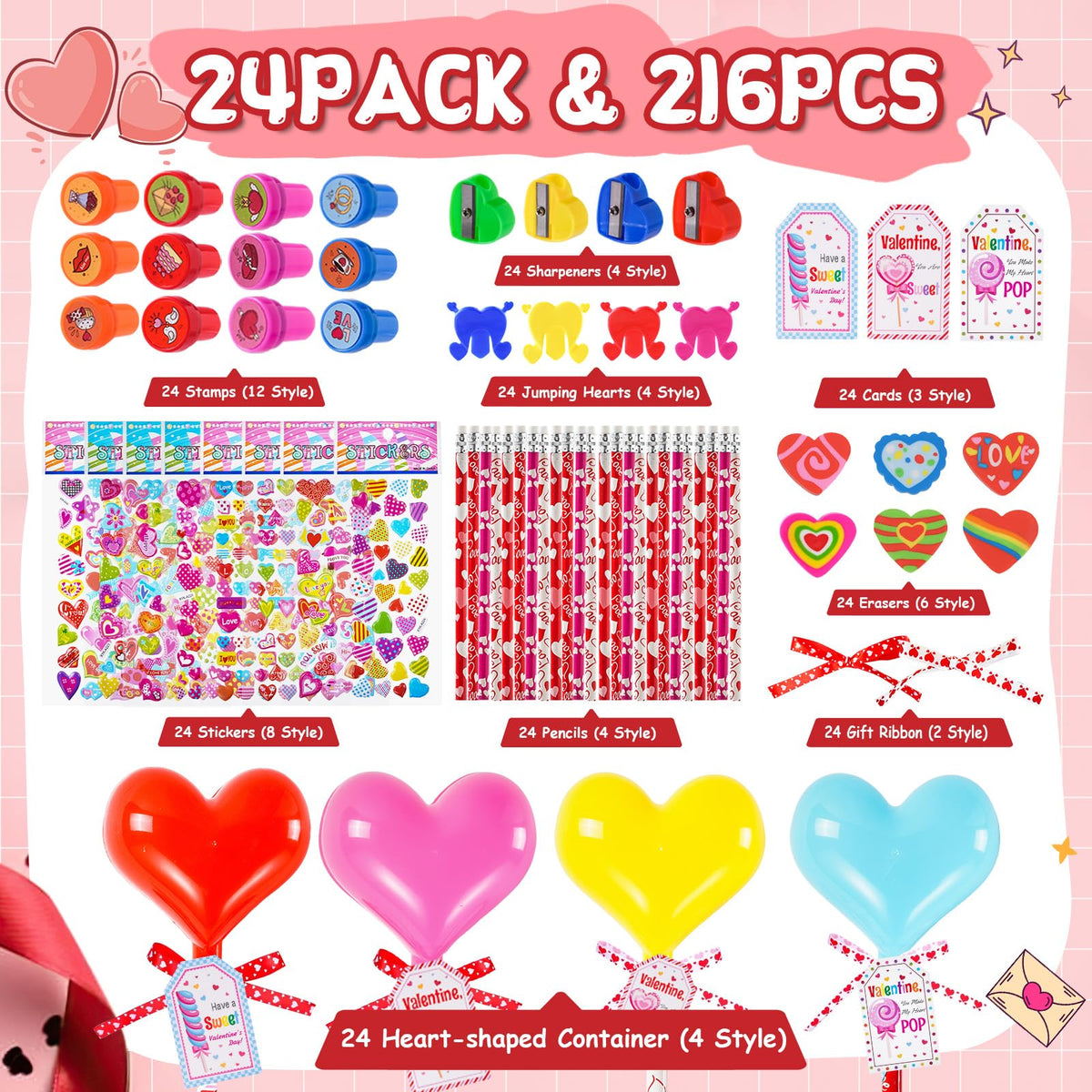 JOYLOKY 216pcs Valentine Stationery Set for Kids | 24 Cards, 24 Heart Containers & More