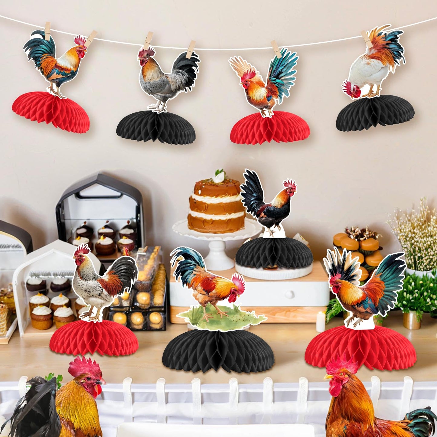 JOYMEMO 8-Piece Rooster Honeycomb Centerpieces | Chicken Farm Party Supplies
