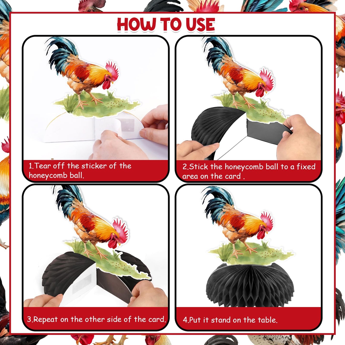 JOYMEMO 8-Piece Rooster Honeycomb Centerpieces | Chicken Farm Party Supplies